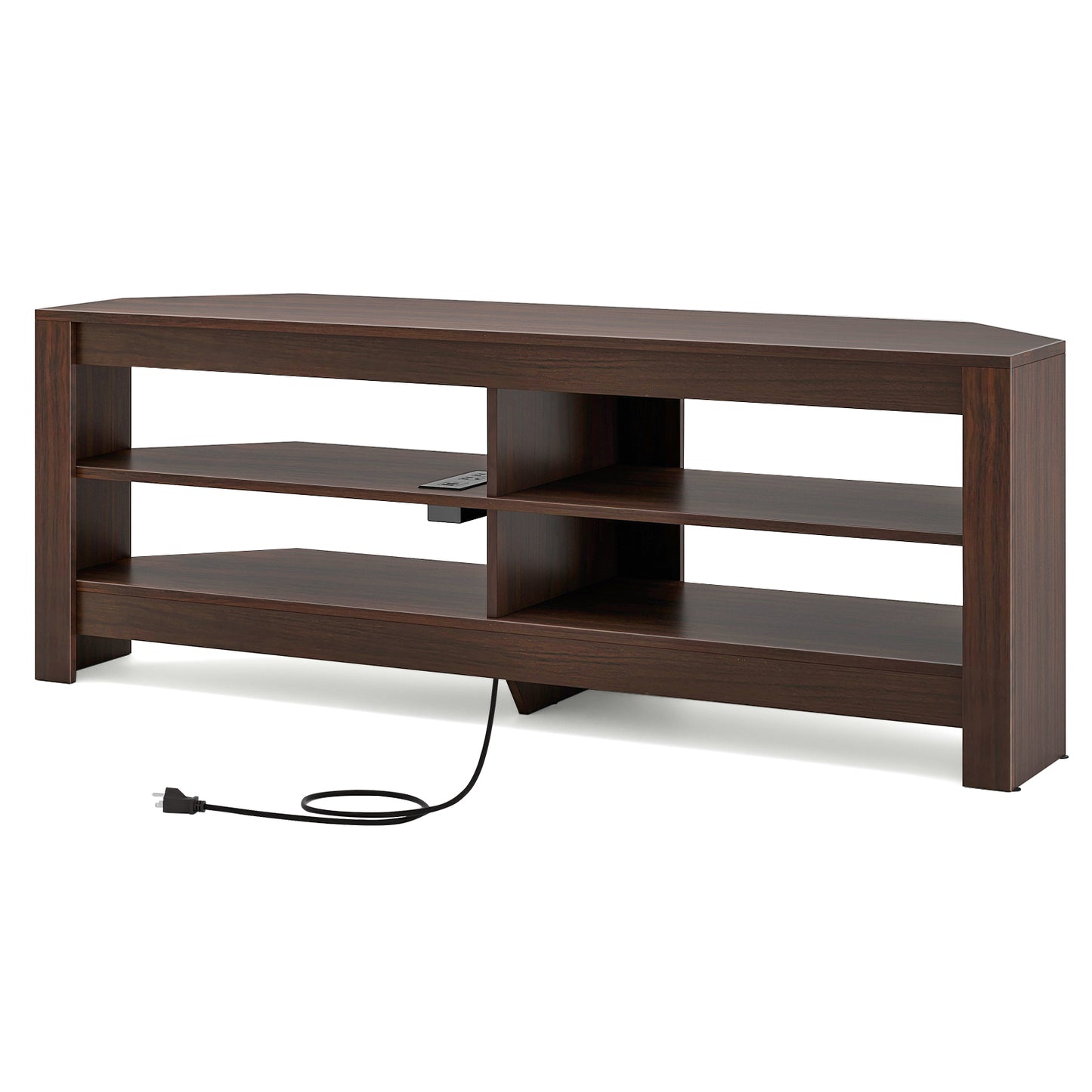 Corner TV Stand with Power Outlet, USB Ports, and 4 Open Storage Shelves, Fits TVs up to 65", Brown