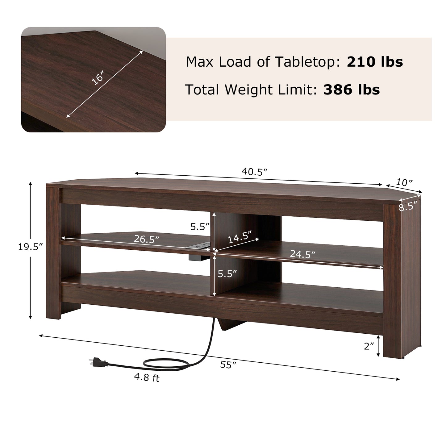 Corner TV Stand with Power Outlet, USB Ports, and 4 Open Storage Shelves, Fits TVs up to 65", Brown