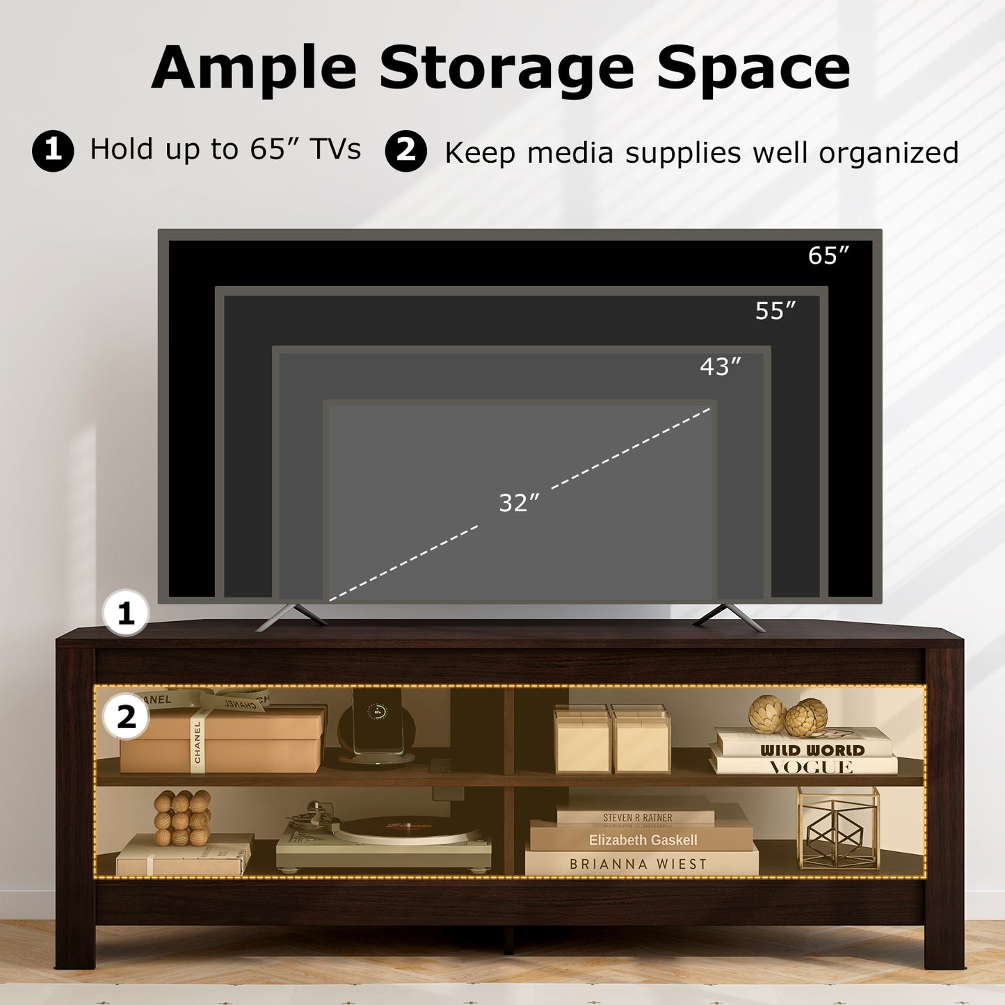 Corner TV Stand with Power Outlet, USB Ports, and 4 Open Storage Shelves, Fits TVs up to 65", Brown