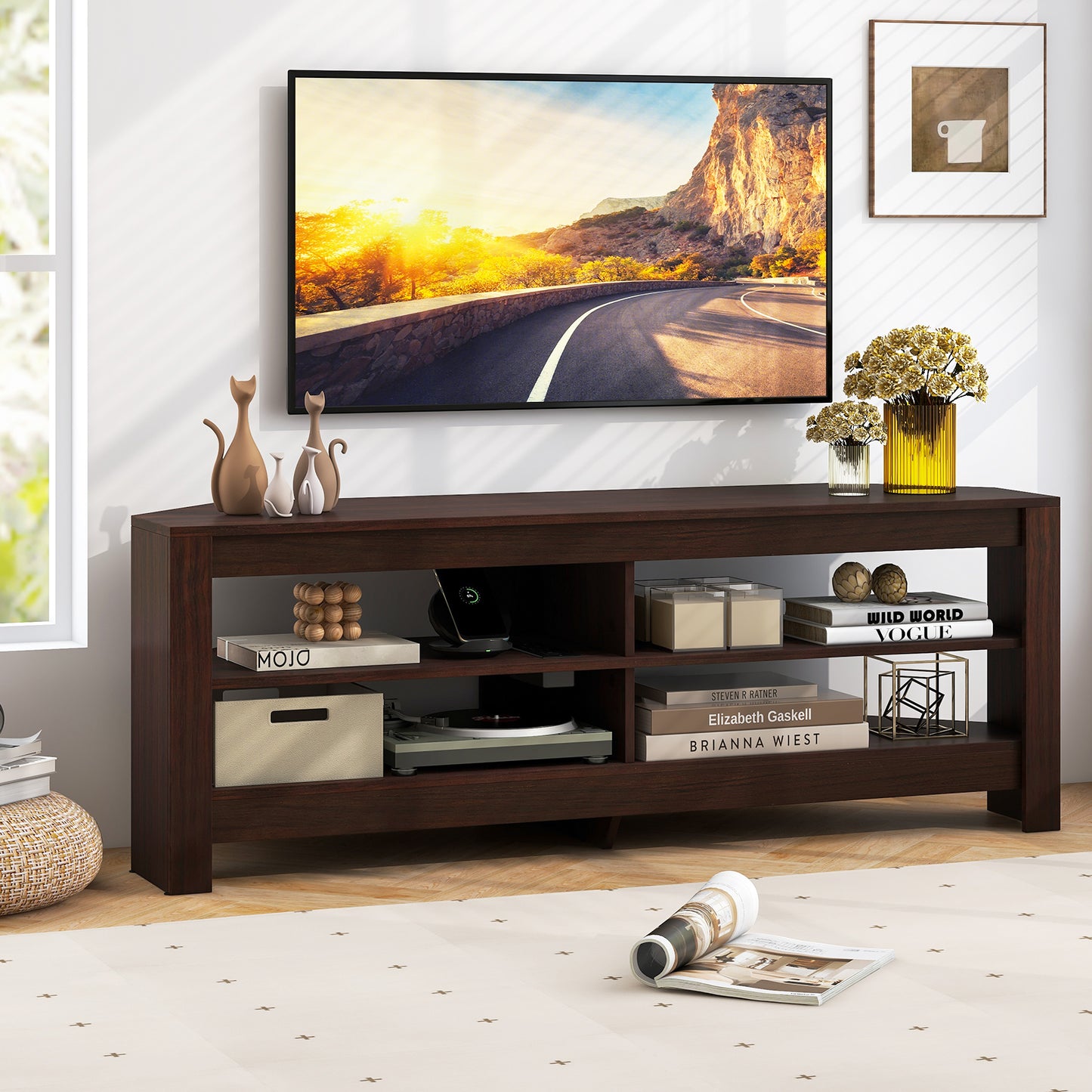 Corner TV Stand with Power Outlet, USB Ports, and 4 Open Storage Shelves, Fits TVs up to 65", Brown