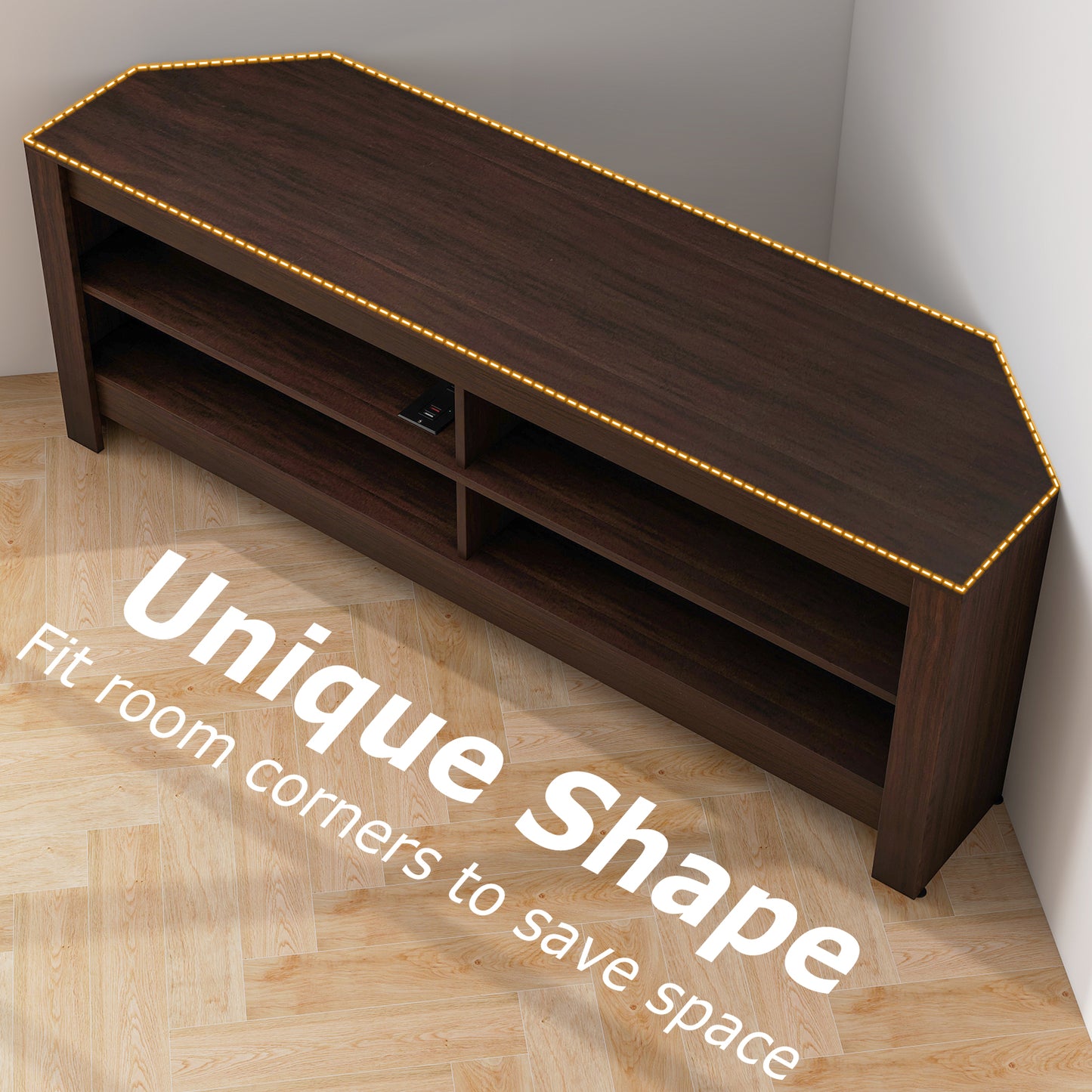 Corner TV Stand with Power Outlet, USB Ports, and 4 Open Storage Shelves, Fits TVs up to 65", Brown