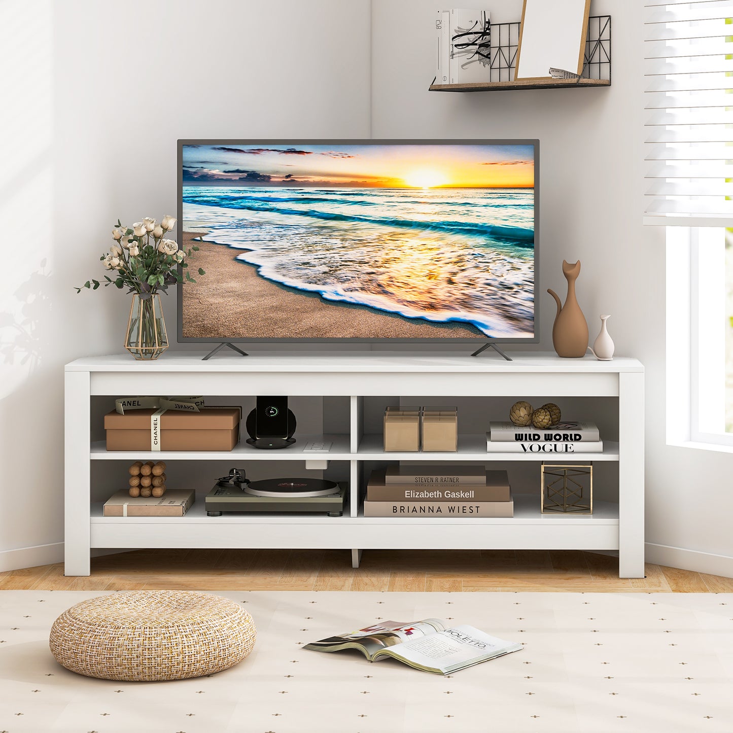 Corner TV Stand with Power Outlet, USB Ports, and 4 Open Storage Shelves, Fits TVs up to 65", White
