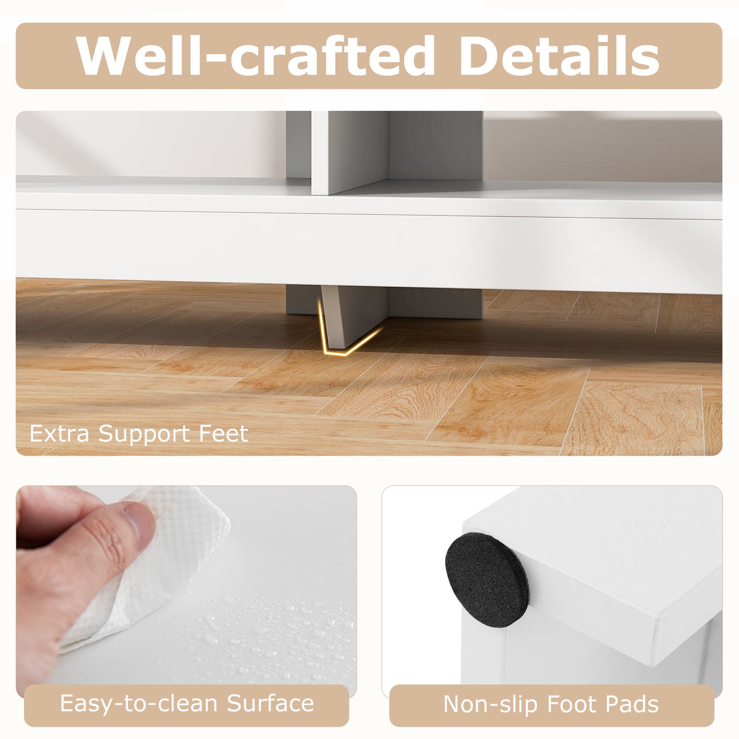 Corner TV Stand with Power Outlet, USB Ports, and 4 Open Storage Shelves, Fits TVs up to 65", White