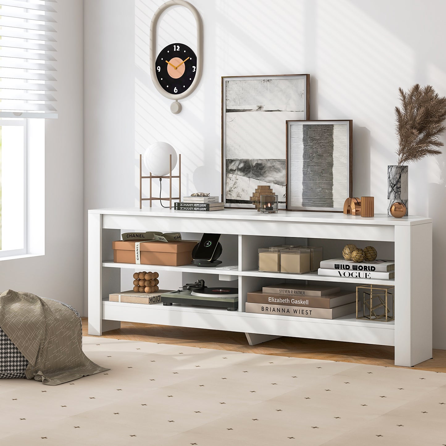 Corner TV Stand with Power Outlet, USB Ports, and 4 Open Storage Shelves, Fits TVs up to 65", White