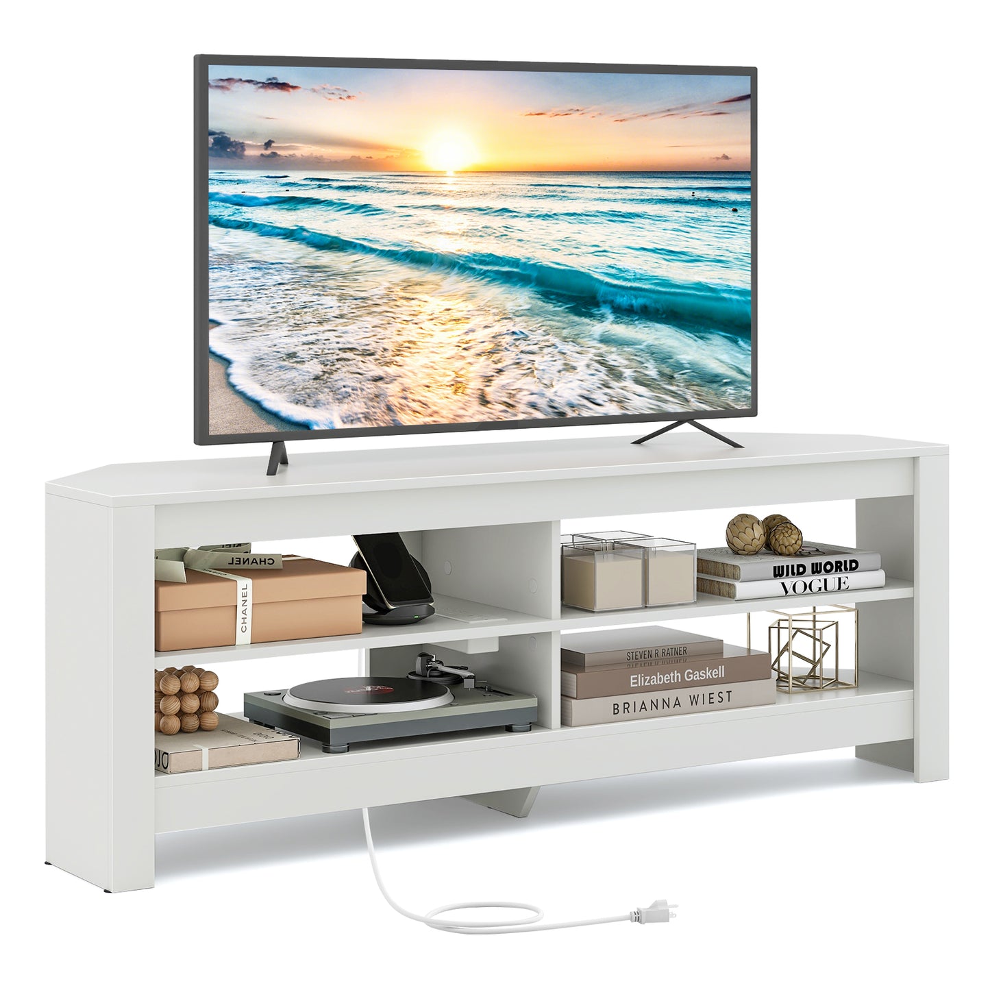 Corner TV Stand with Power Outlet, USB Ports, and 4 Open Storage Shelves, Fits TVs up to 65", White