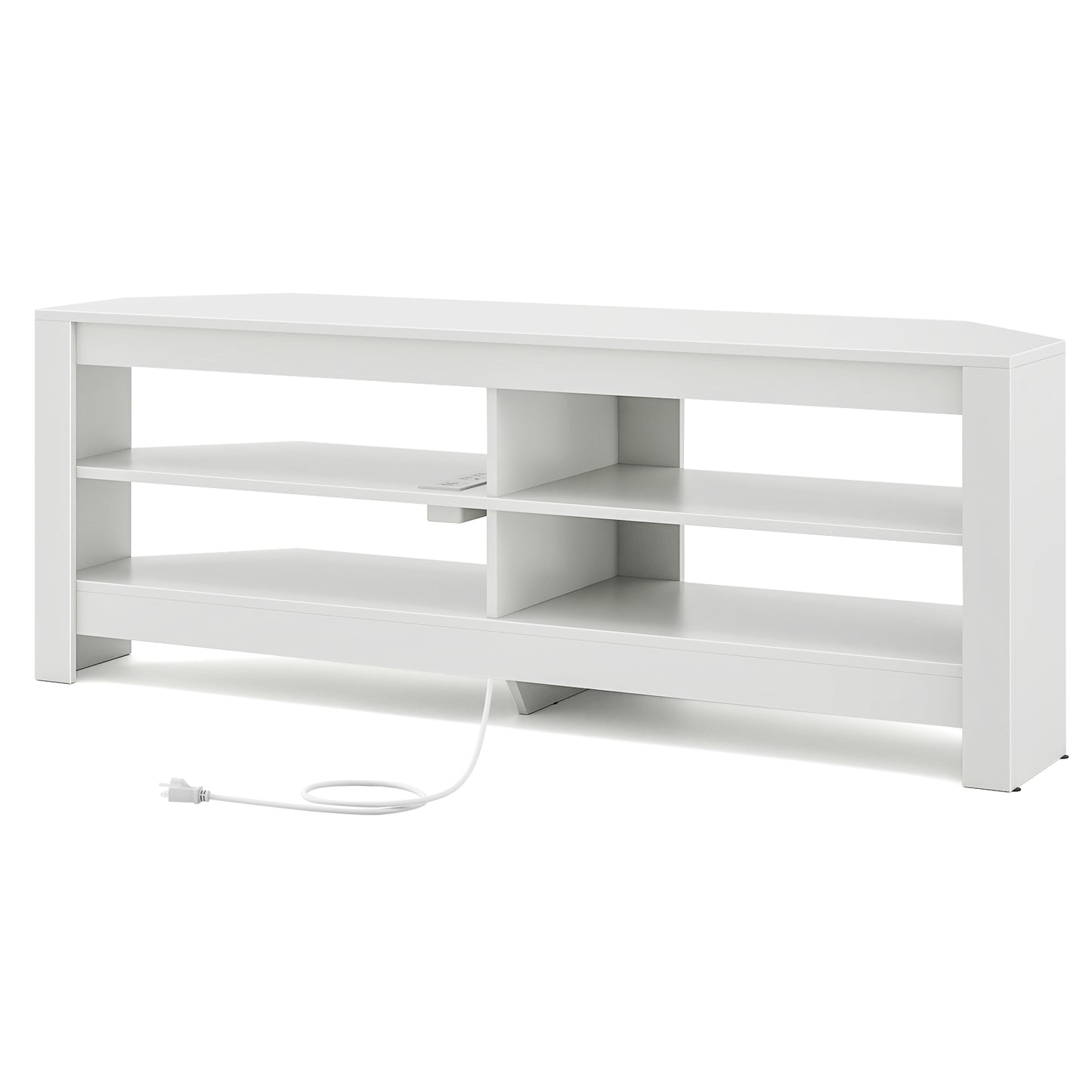 Corner TV Stand with Power Outlet, USB Ports, and 4 Open Storage Shelves, Fits TVs up to 65", White