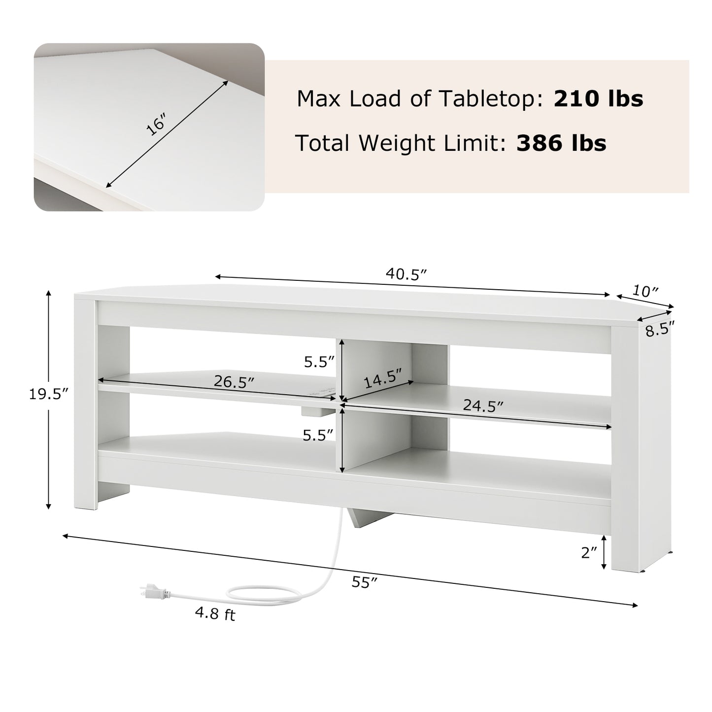 Corner TV Stand with Power Outlet, USB Ports, and 4 Open Storage Shelves, Fits TVs up to 65", White