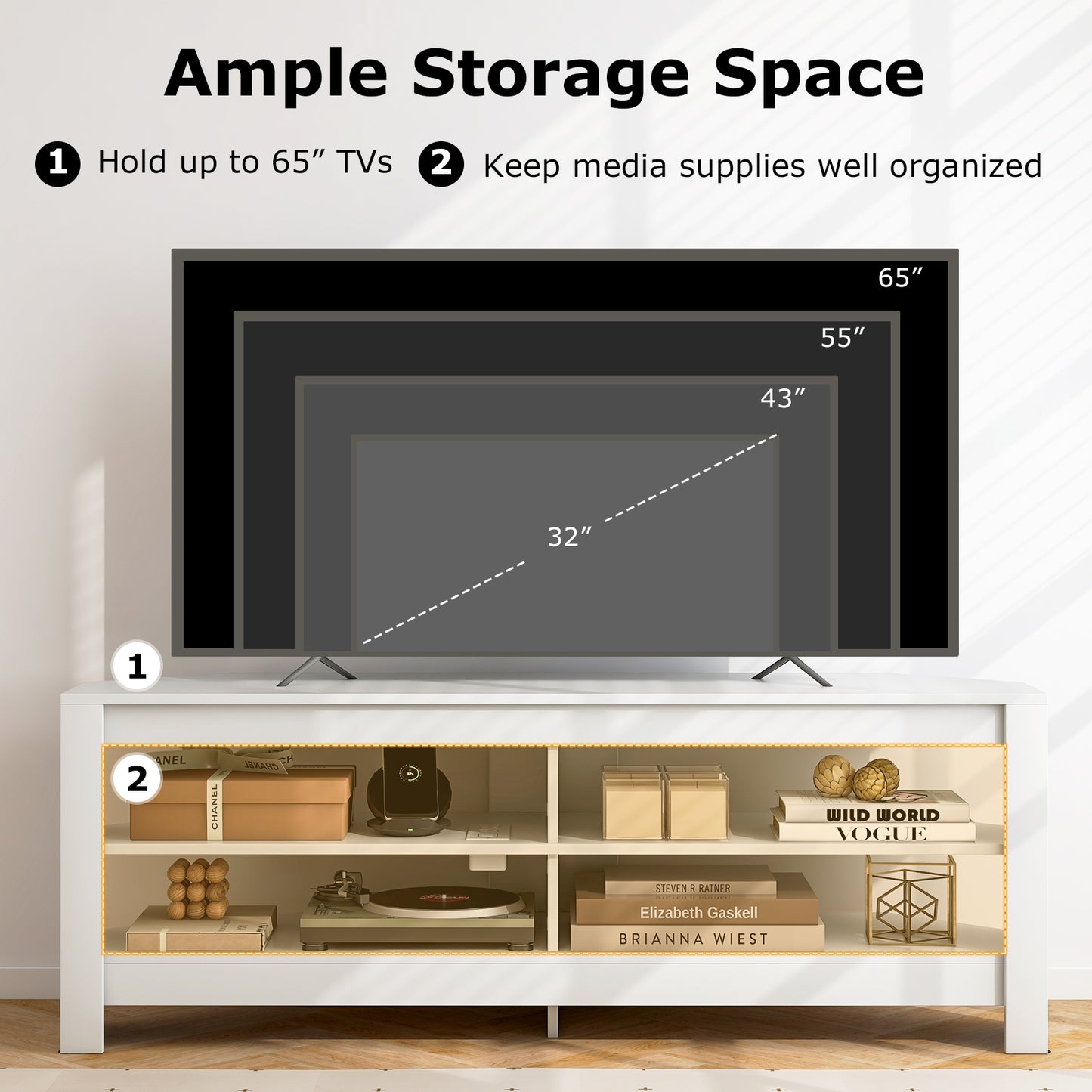 Corner TV Stand with Power Outlet, USB Ports, and 4 Open Storage Shelves, Fits TVs up to 65", White