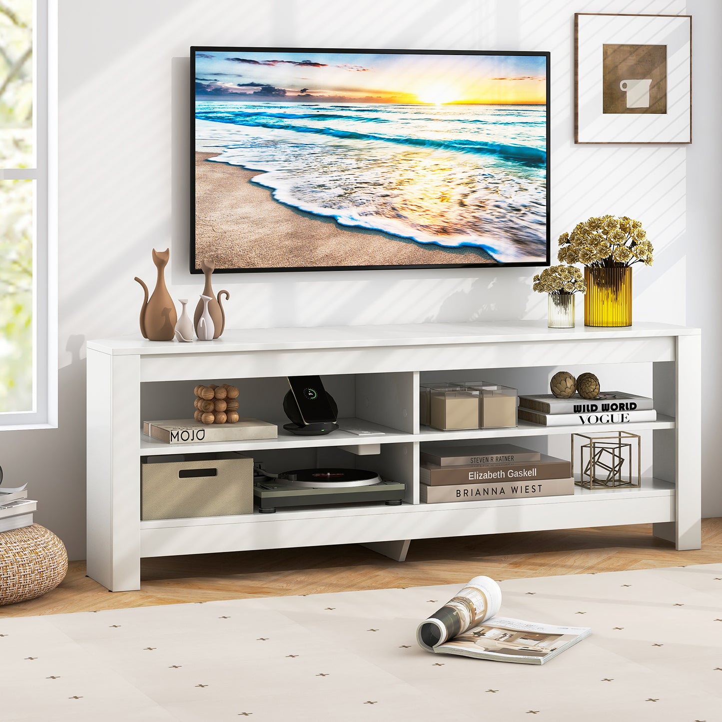 Corner TV Stand with Power Outlet, USB Ports, and 4 Open Storage Shelves, Fits TVs up to 65", White