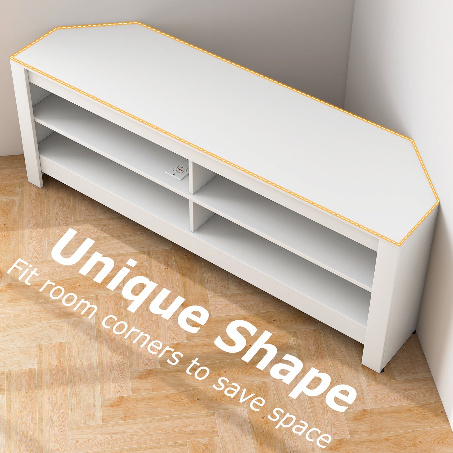 Corner TV Stand with Power Outlet, USB Ports, and 4 Open Storage Shelves, Fits TVs up to 65", White