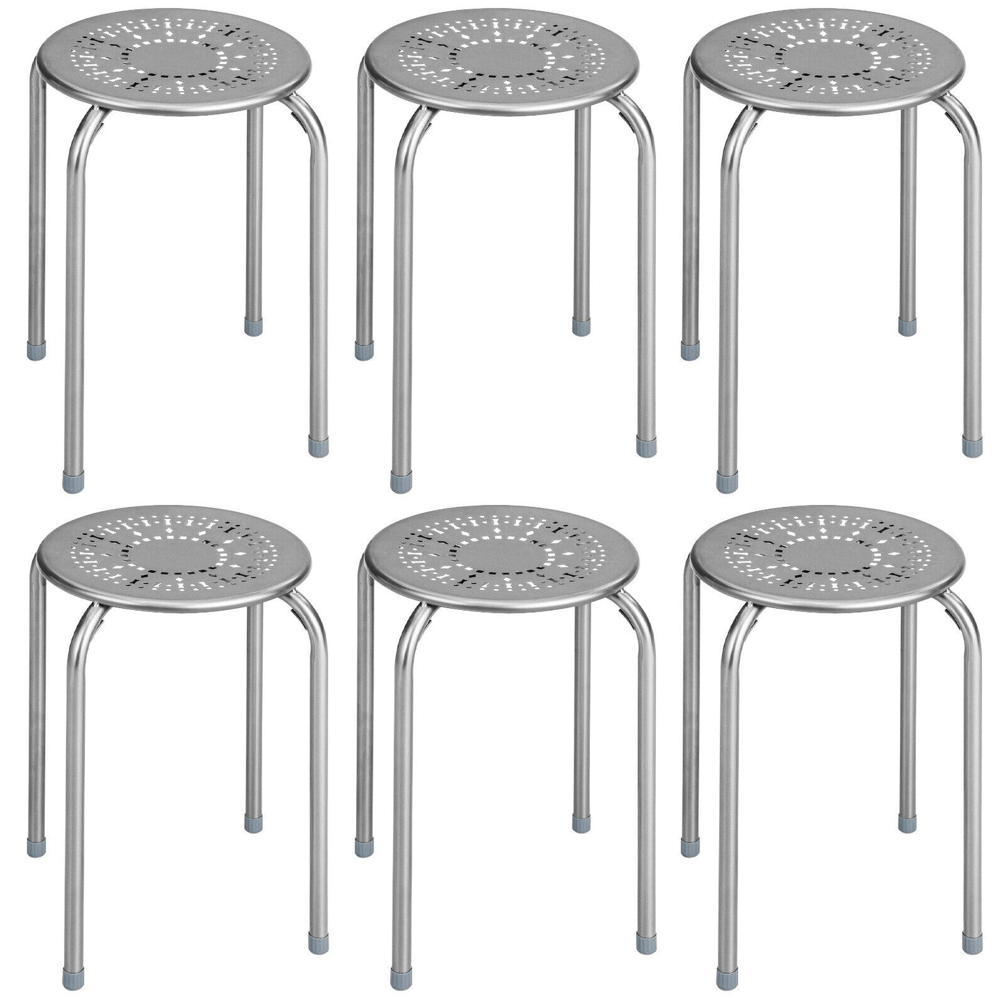 Set of 6 Stackable Metal Stools with Daisy Design Backless and Versatile Grey Round Stools