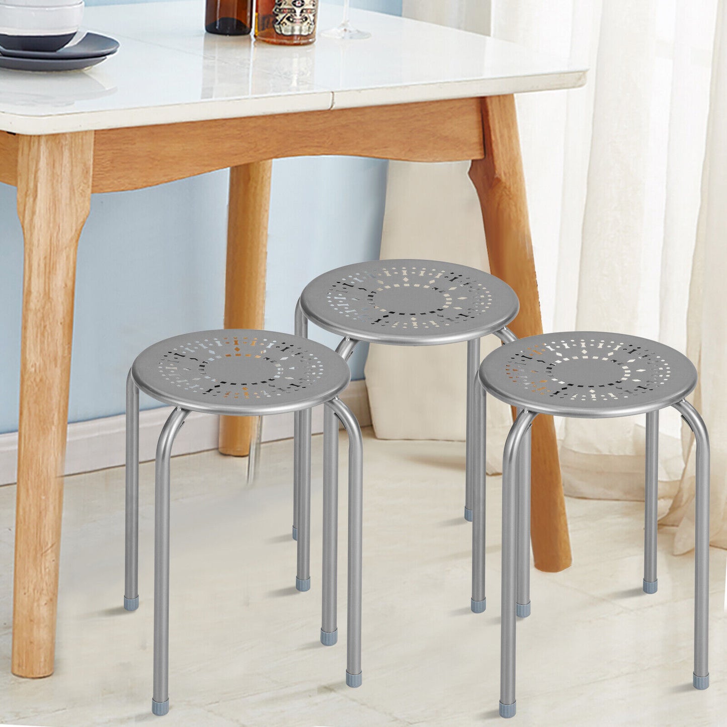 Set of 6 Stackable Metal Stools with Daisy Design Backless and Versatile Grey Round Stools