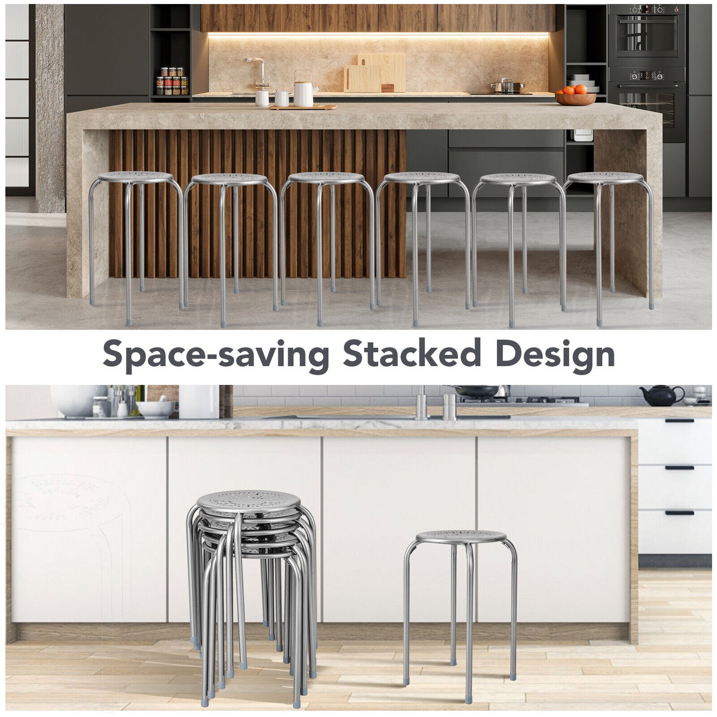 Set of 6 Stackable Metal Stools with Daisy Design Backless and Versatile Grey Round Stools