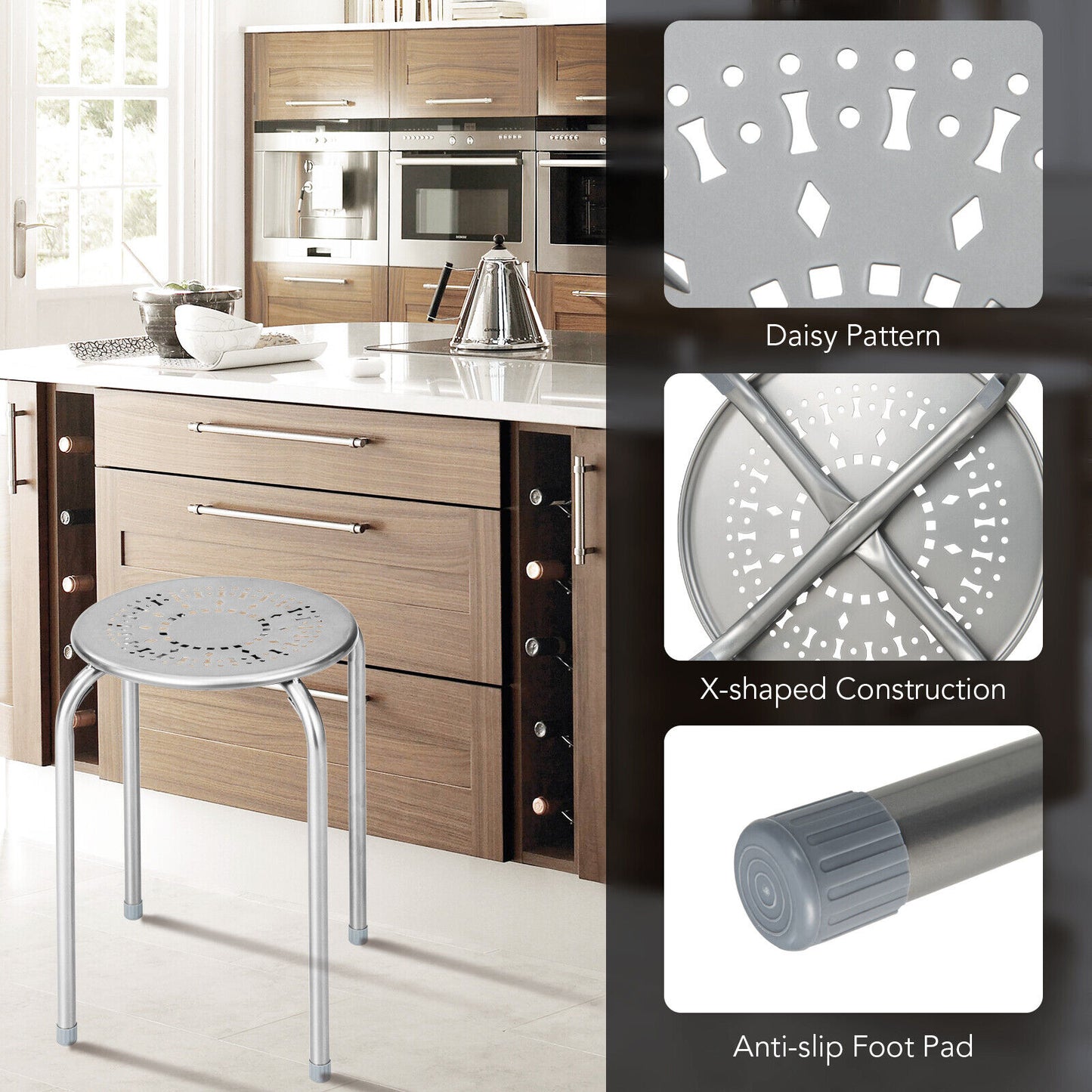 Set of 6 Stackable Metal Stools with Daisy Design Backless and Versatile Grey Round Stools
