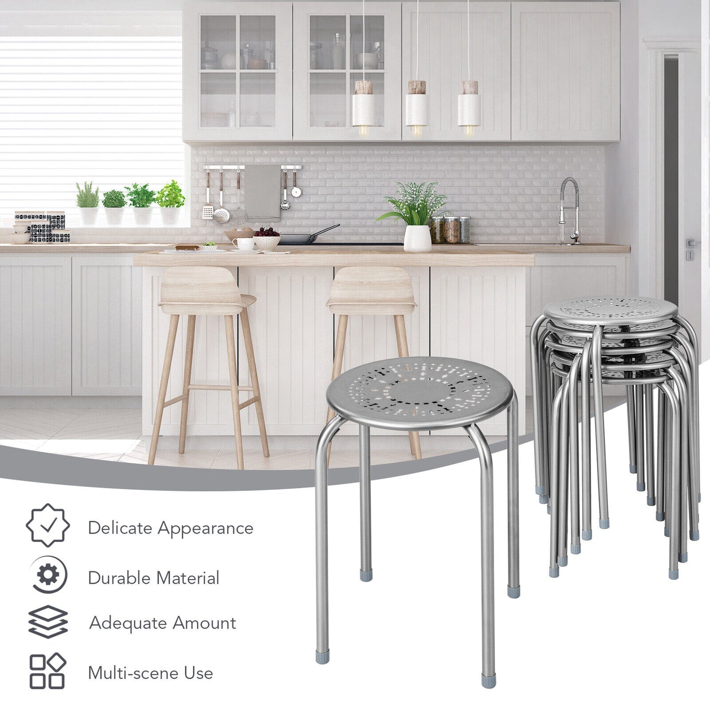 Set of 6 Stackable Metal Stools with Daisy Design Backless and Versatile Grey Round Stools