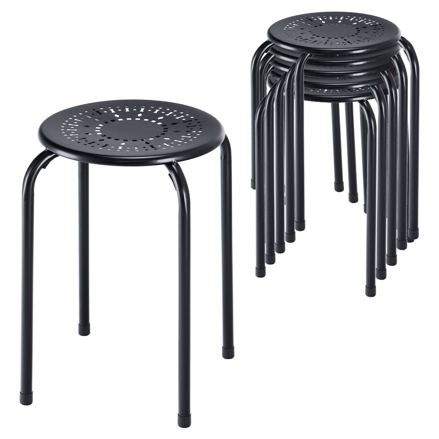 Set of 6 Stackable Metal Stools with Daisy Design Backless and Versatile Black Round Stools