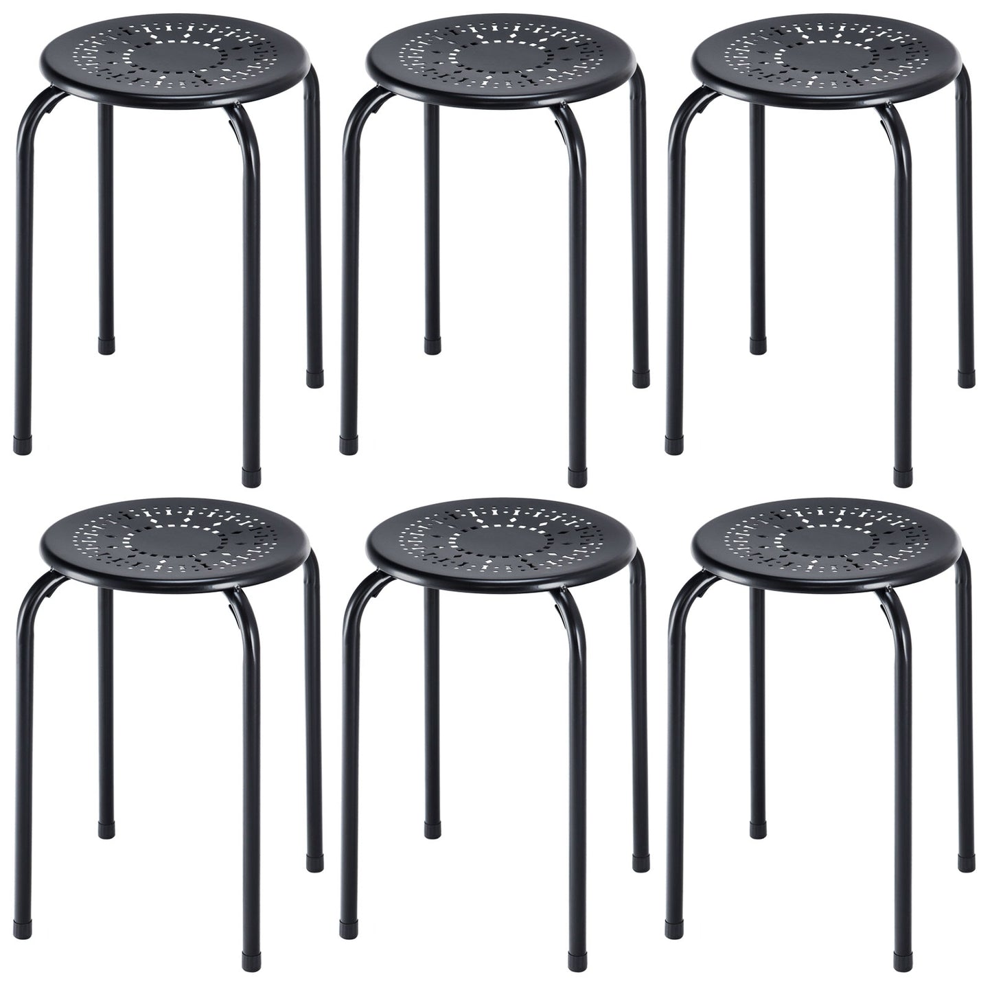 Set of 6 Stackable Metal Stools with Daisy Design Backless and Versatile Black Round Stools