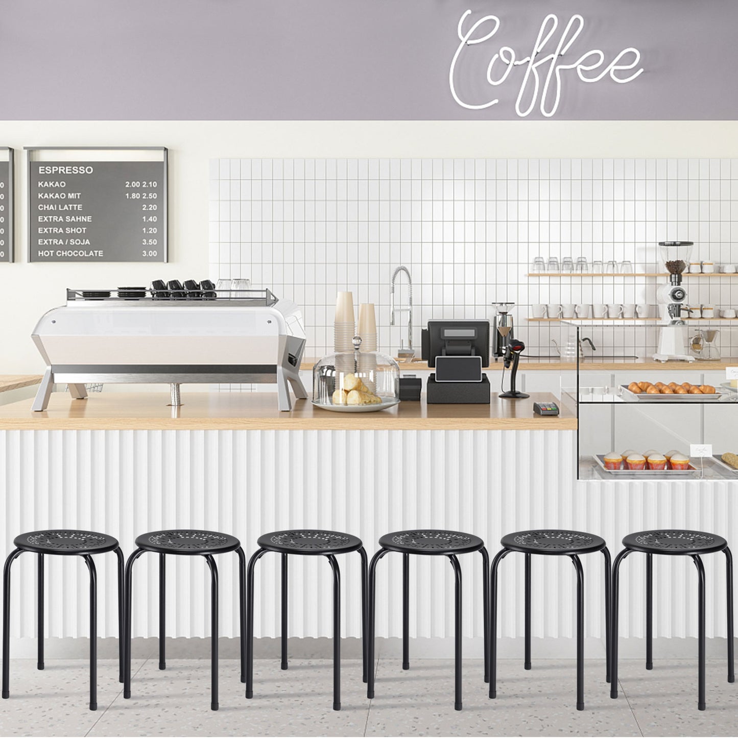Set of 6 Stackable Metal Stools with Daisy Design Backless and Versatile Black Round Stools