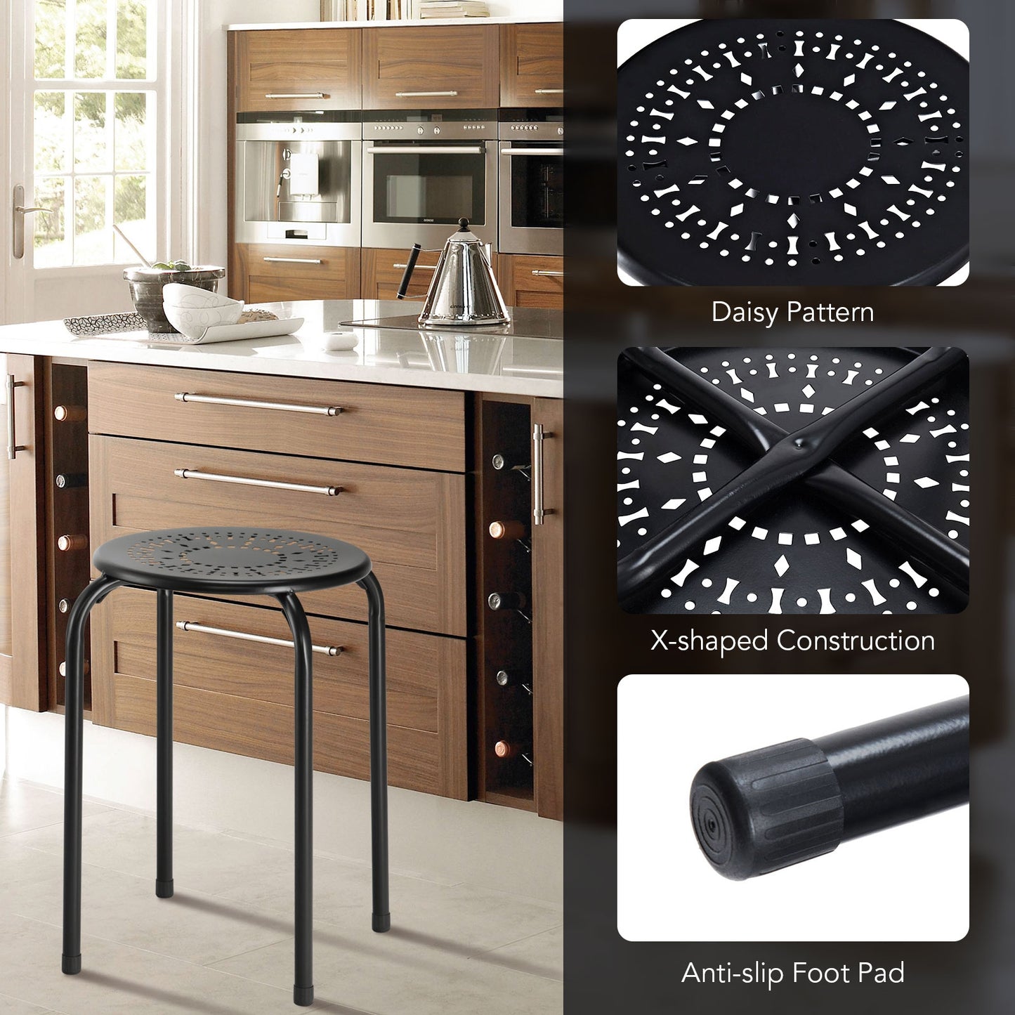 Set of 6 Stackable Metal Stools with Daisy Design Backless and Versatile Black Round Stools