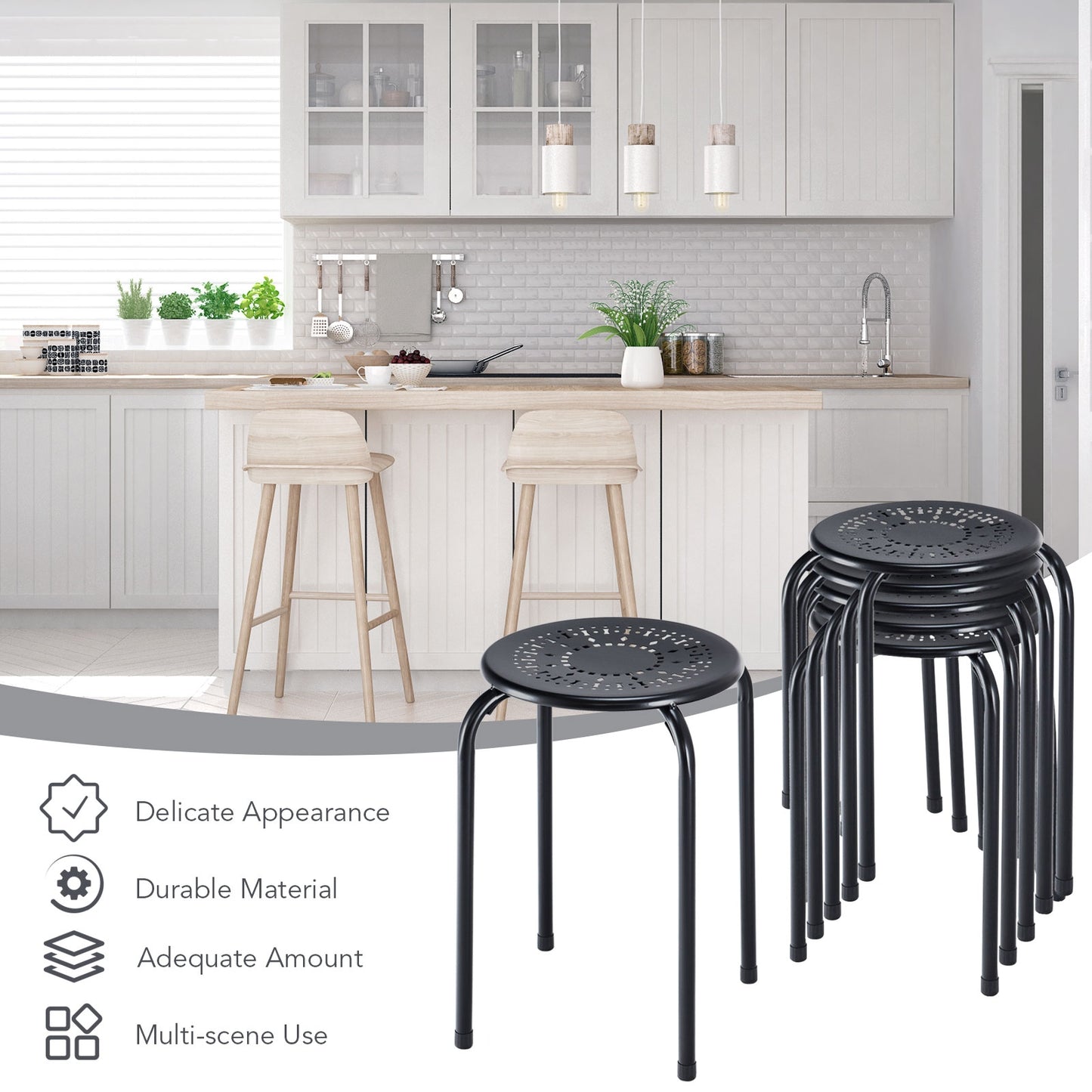 Set of 6 Stackable Metal Stools with Daisy Design Backless and Versatile Black Round Stools