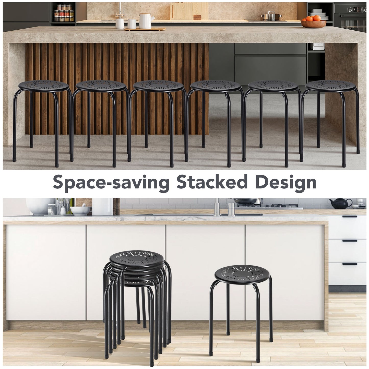 Set of 6 Stackable Metal Stools with Daisy Design Backless and Versatile Black Round Stools