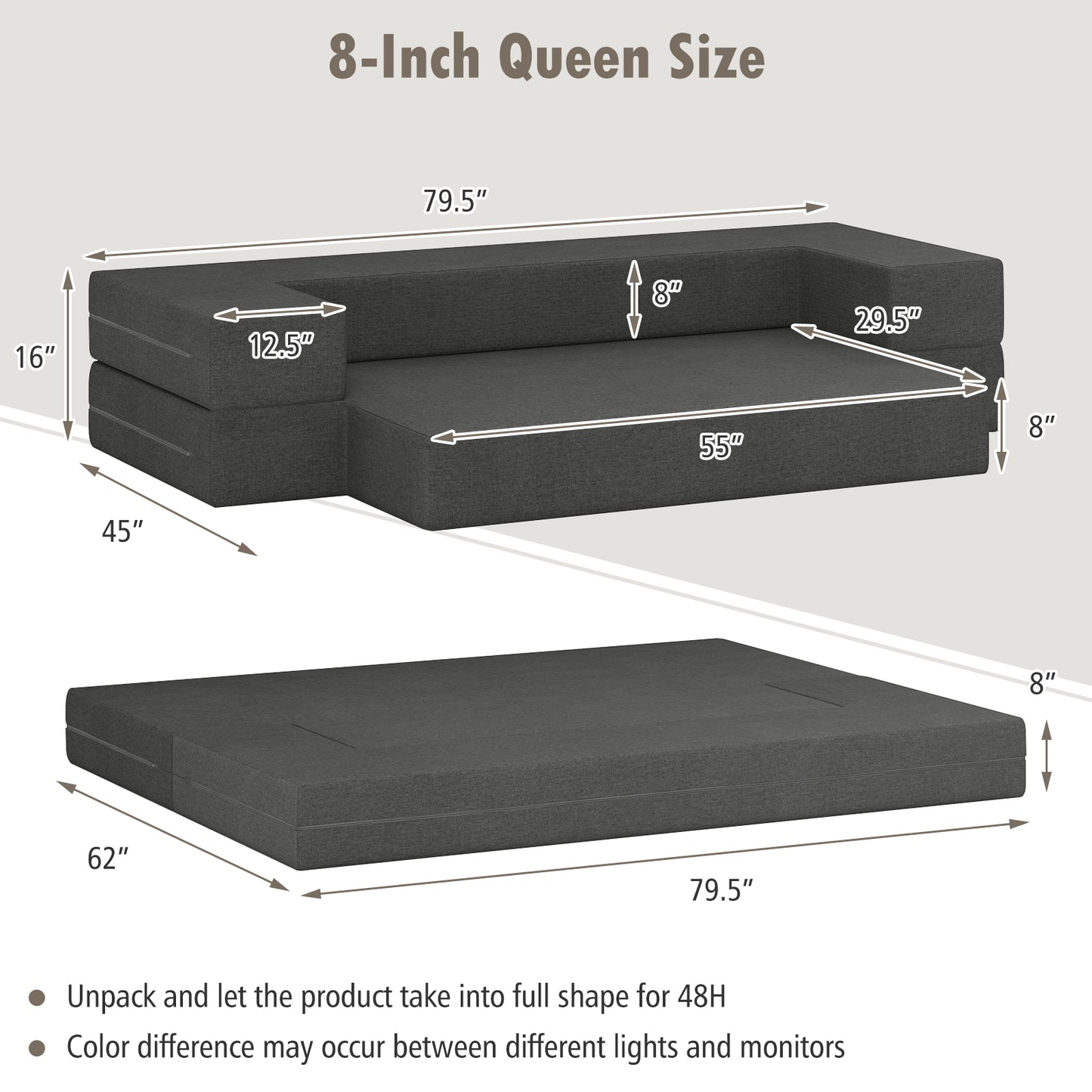 Convertible Folding Sofa Bed with Memory Foam and Washable Cover, 8 Inch Queen