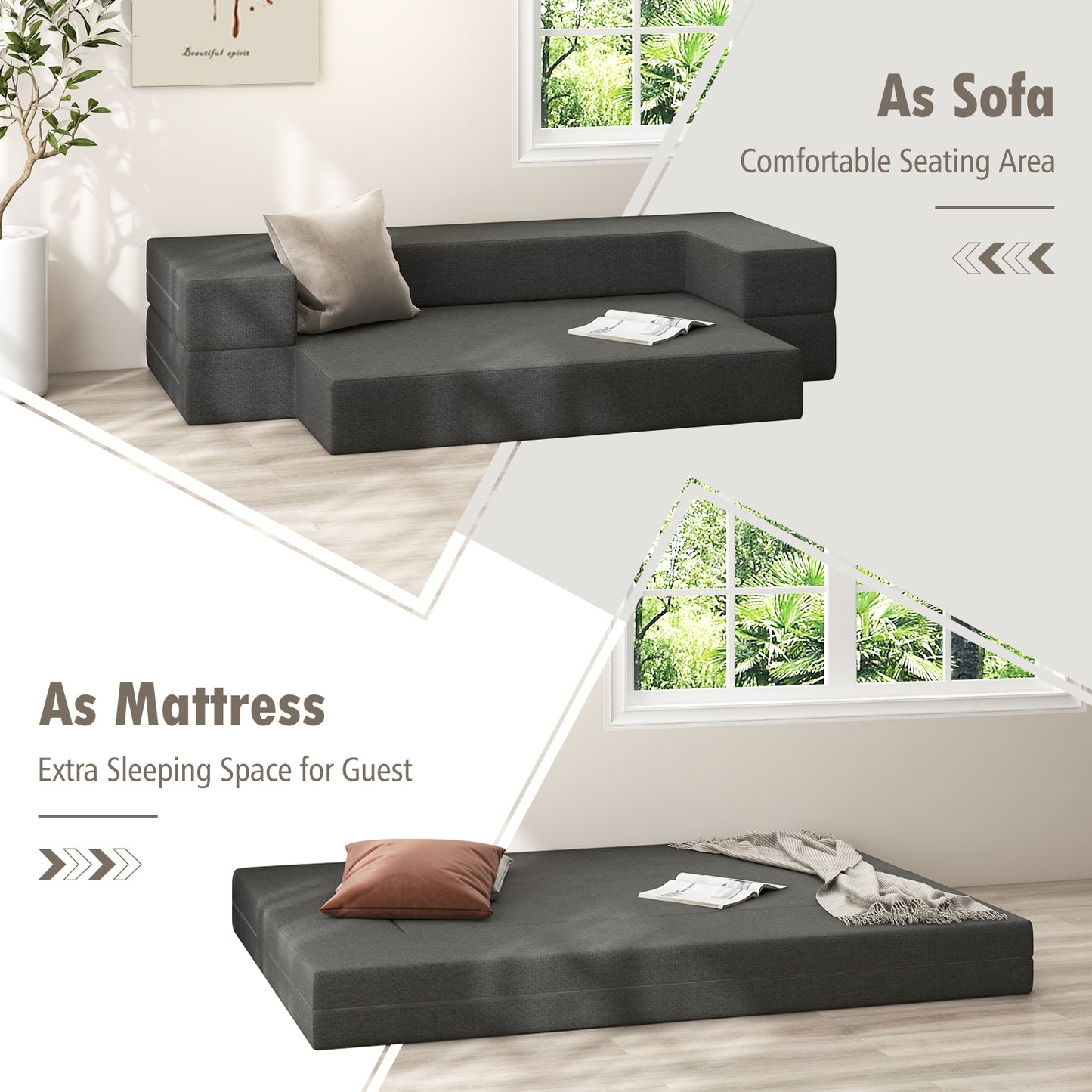 Convertible Folding Sofa Bed with Memory Foam and Washable Cover, 8 Inch Queen
