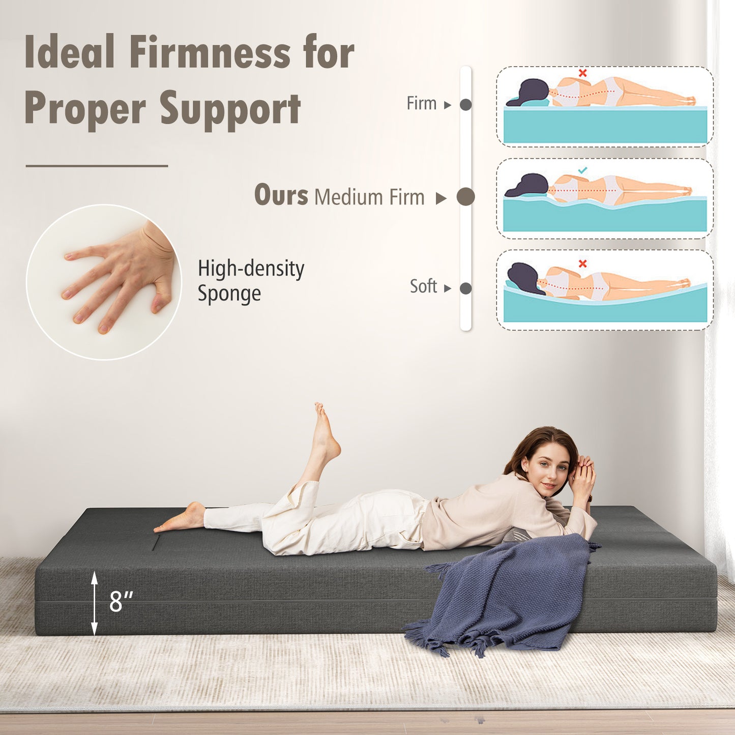 Convertible Folding Sofa Bed with Memory Foam and Washable Cover, 8 Inch Queen