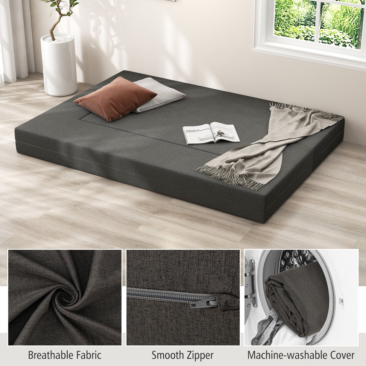 Convertible Folding Sofa Bed with Memory Foam and Washable Cover, 8 Inch Queen