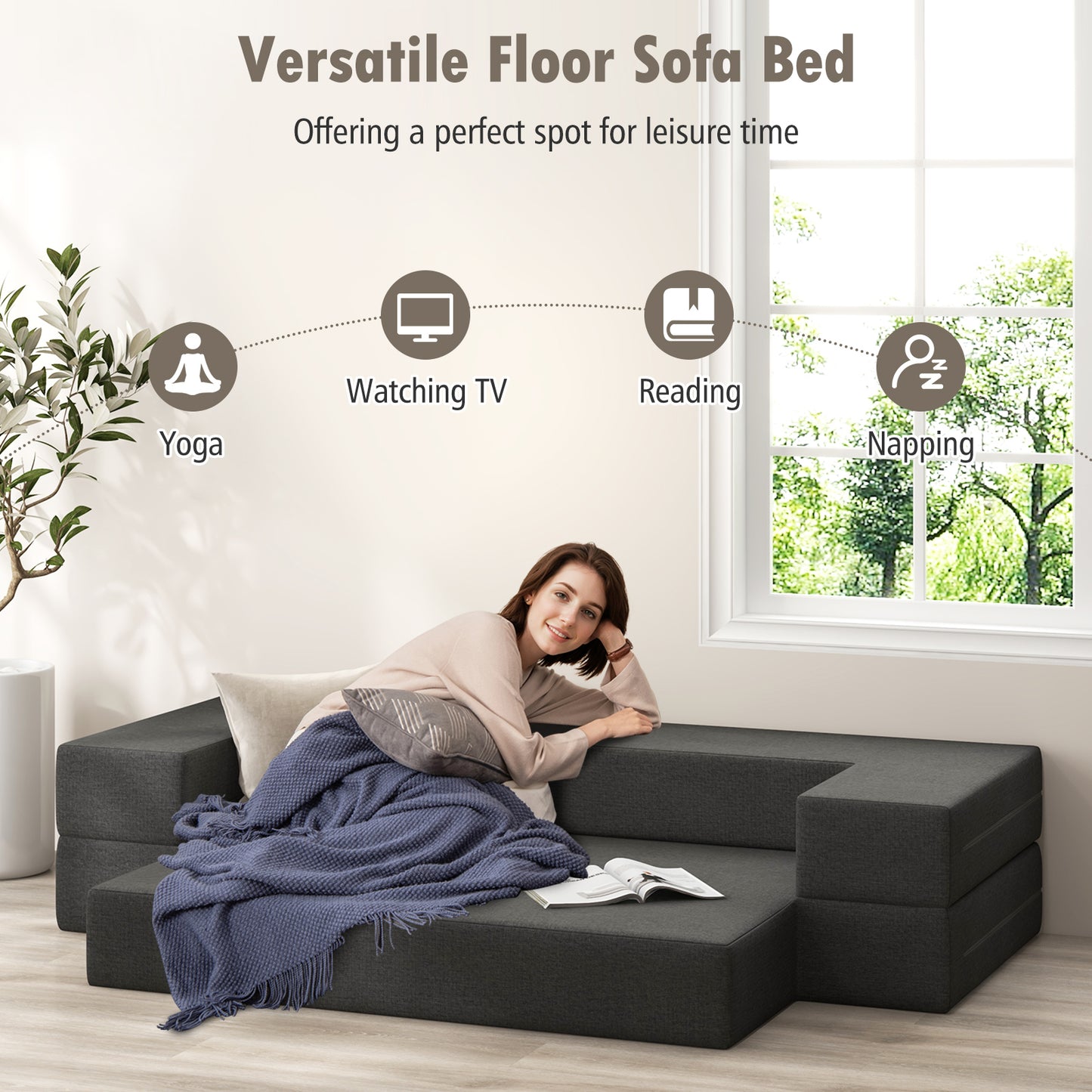 Convertible Folding Sofa Bed with Memory Foam and Washable Cover, 8 Inch Queen