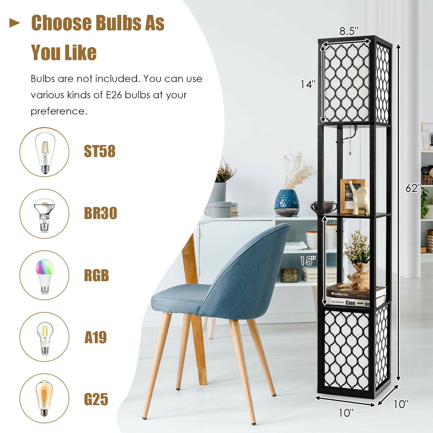 Modern Freestanding Floor Lamp with Dual Shelves, Pull Chain & Foot Switch