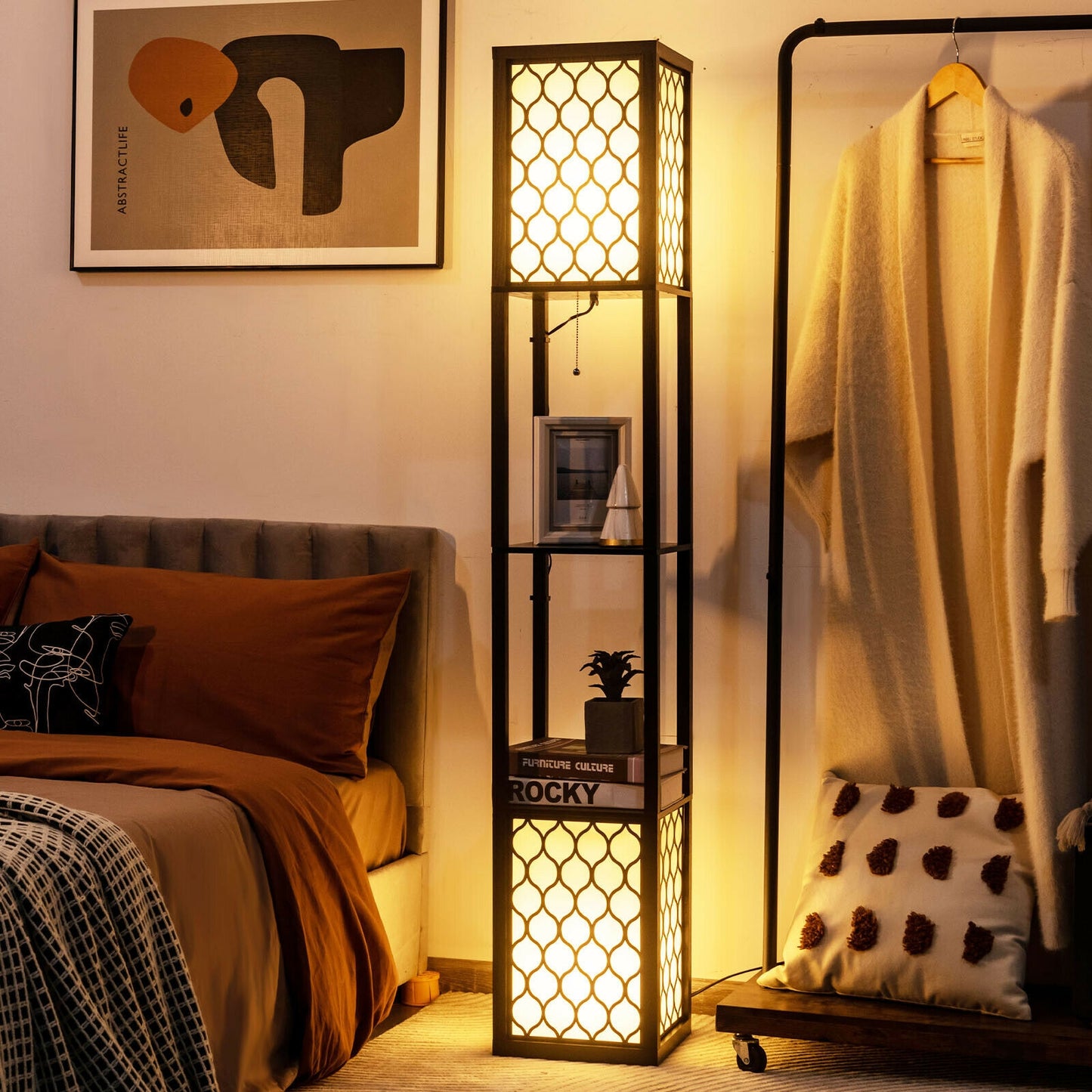 Modern Freestanding Floor Lamp with Dual Shelves, Pull Chain & Foot Switch