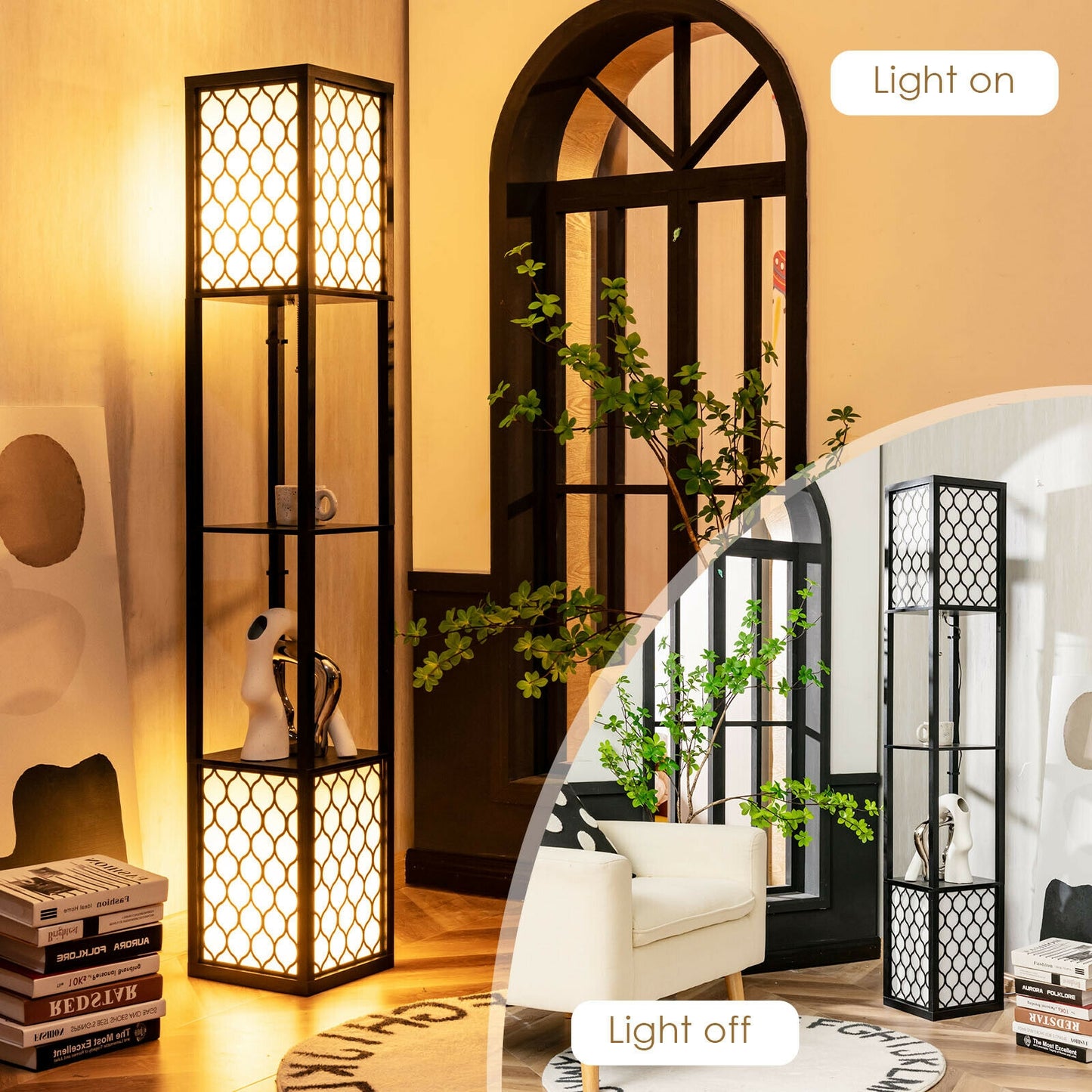 Modern Freestanding Floor Lamp with Dual Shelves, Pull Chain & Foot Switch