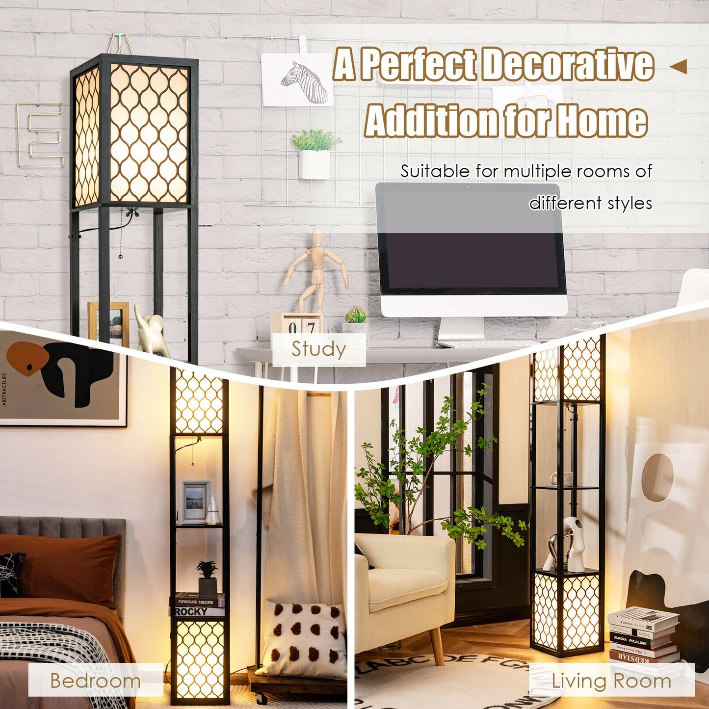 Modern Freestanding Floor Lamp with Dual Shelves, Pull Chain & Foot Switch