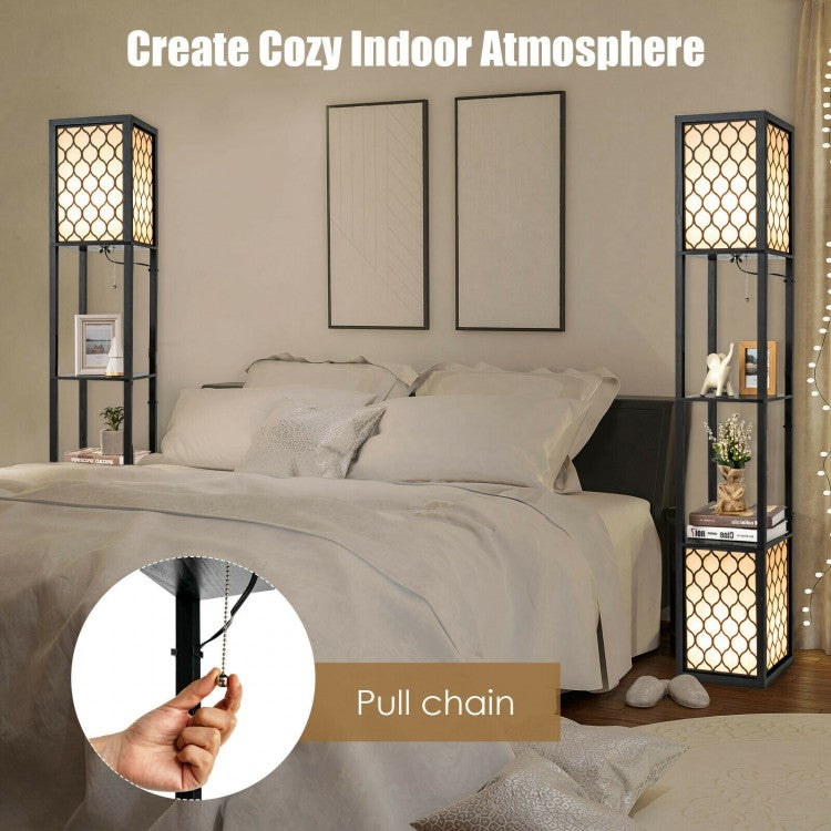 Modern Freestanding Floor Lamp with Dual Shelves, Pull Chain & Foot Switch