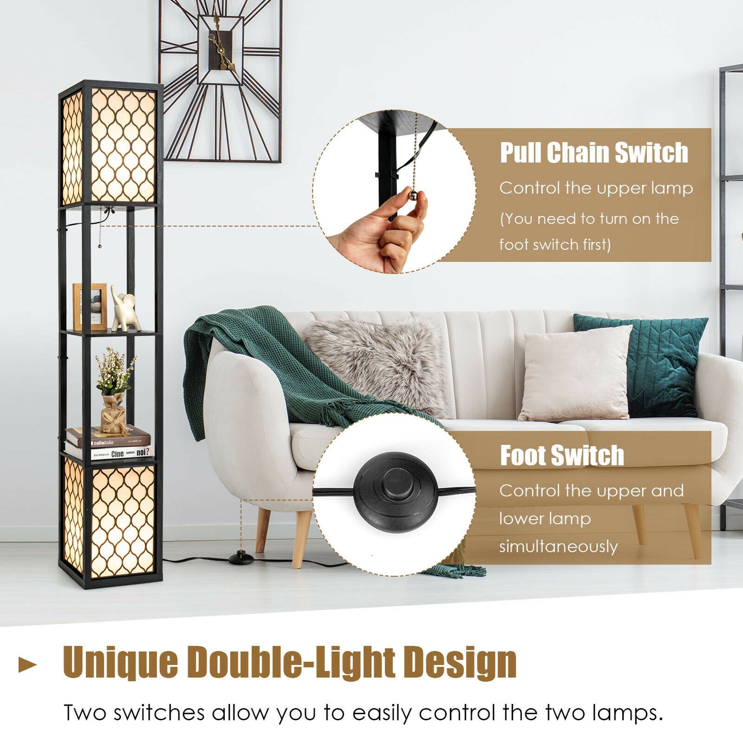 Modern Freestanding Floor Lamp with Dual Shelves, Pull Chain & Foot Switch