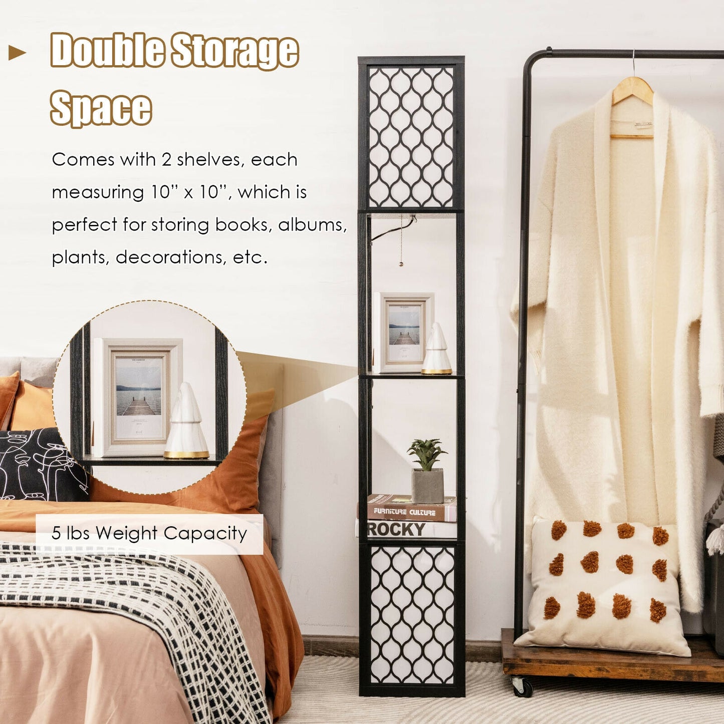 Modern Freestanding Floor Lamp with Dual Shelves, Pull Chain & Foot Switch