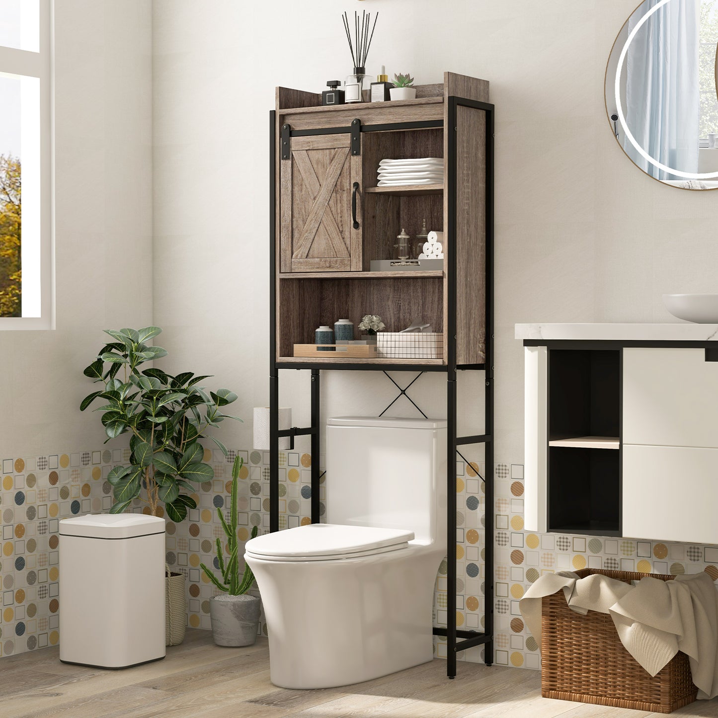 4 Tier Bathroom Storage Cabinet with Adjustable Shelves and Sliding Barn Door
