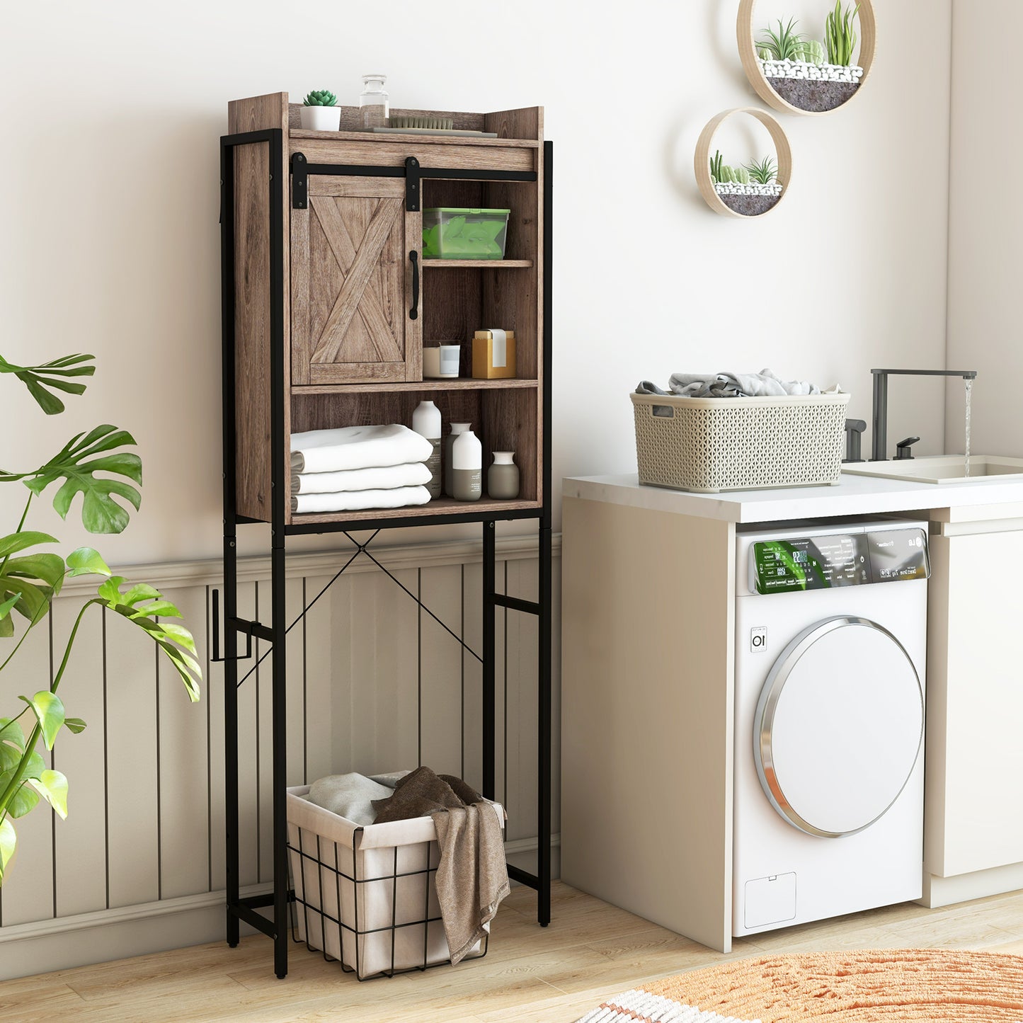 4 Tier Bathroom Storage Cabinet with Adjustable Shelves and Sliding Barn Door