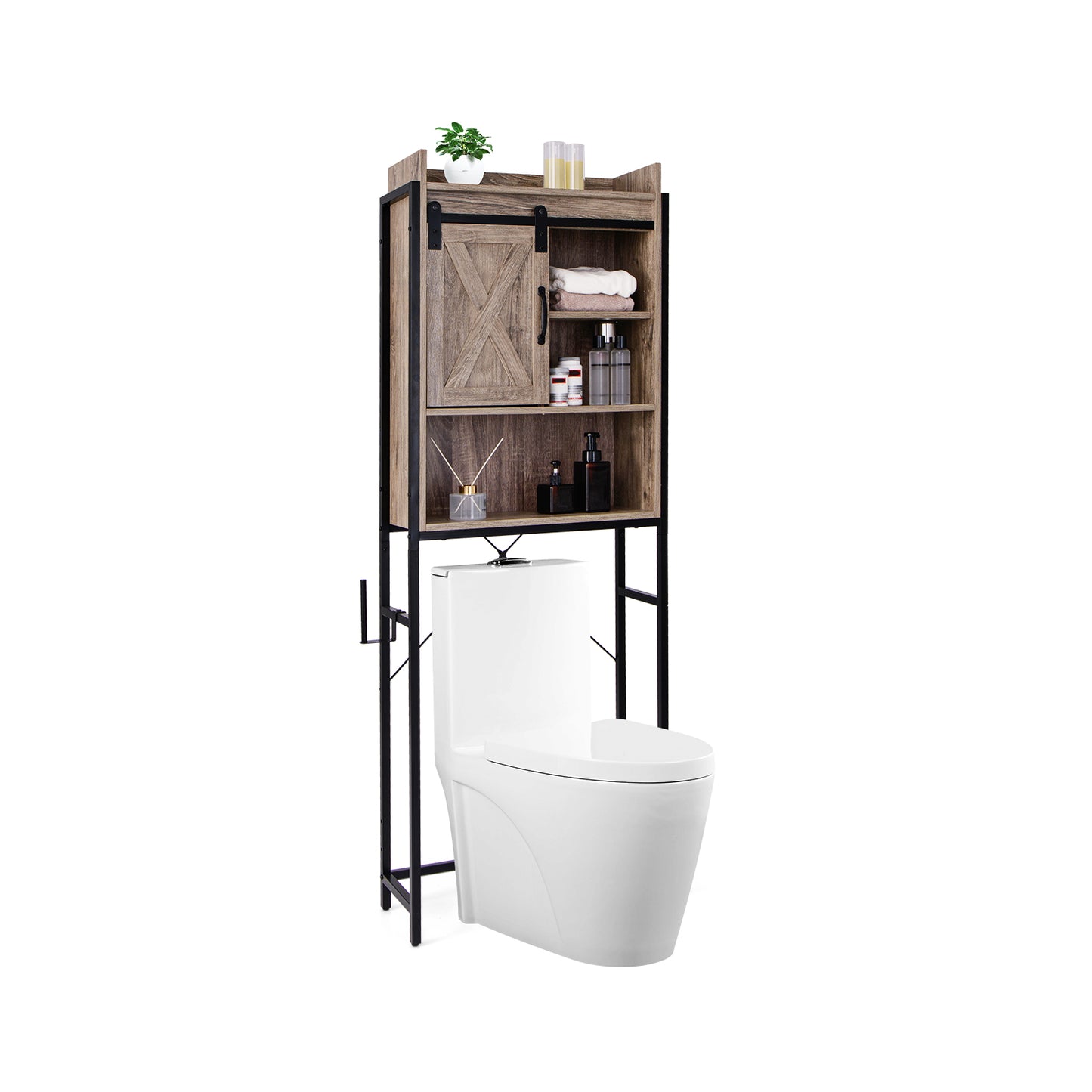 4 Tier Bathroom Storage Cabinet with Adjustable Shelves and Sliding Barn Door