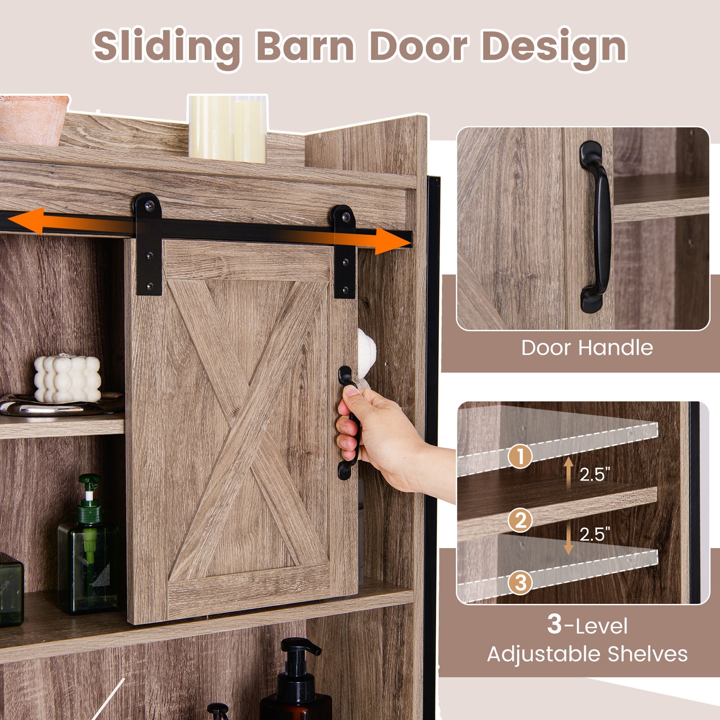 4 Tier Bathroom Storage Cabinet with Adjustable Shelves and Sliding Barn Door