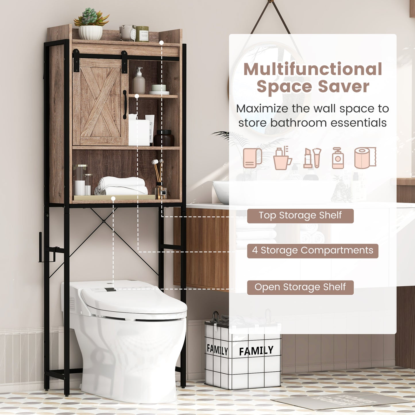 4 Tier Bathroom Storage Cabinet with Adjustable Shelves and Sliding Barn Door
