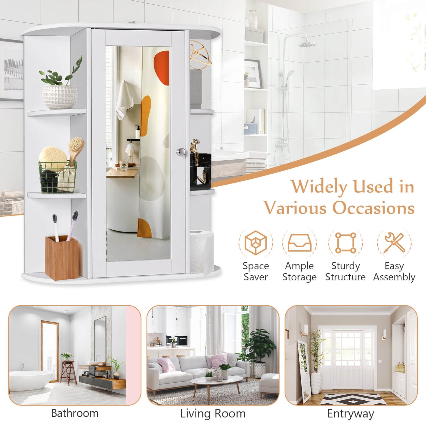 Stylish Wall-Mounted Medicine Cabinet with Mirror & Shelves