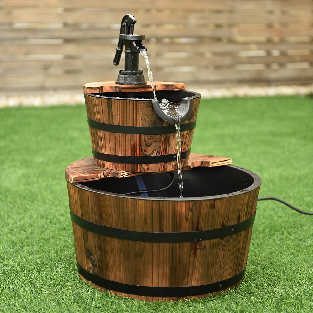 Rustic 2 Tier Wooden Barrel Waterfall Fountain with Decorative Pump