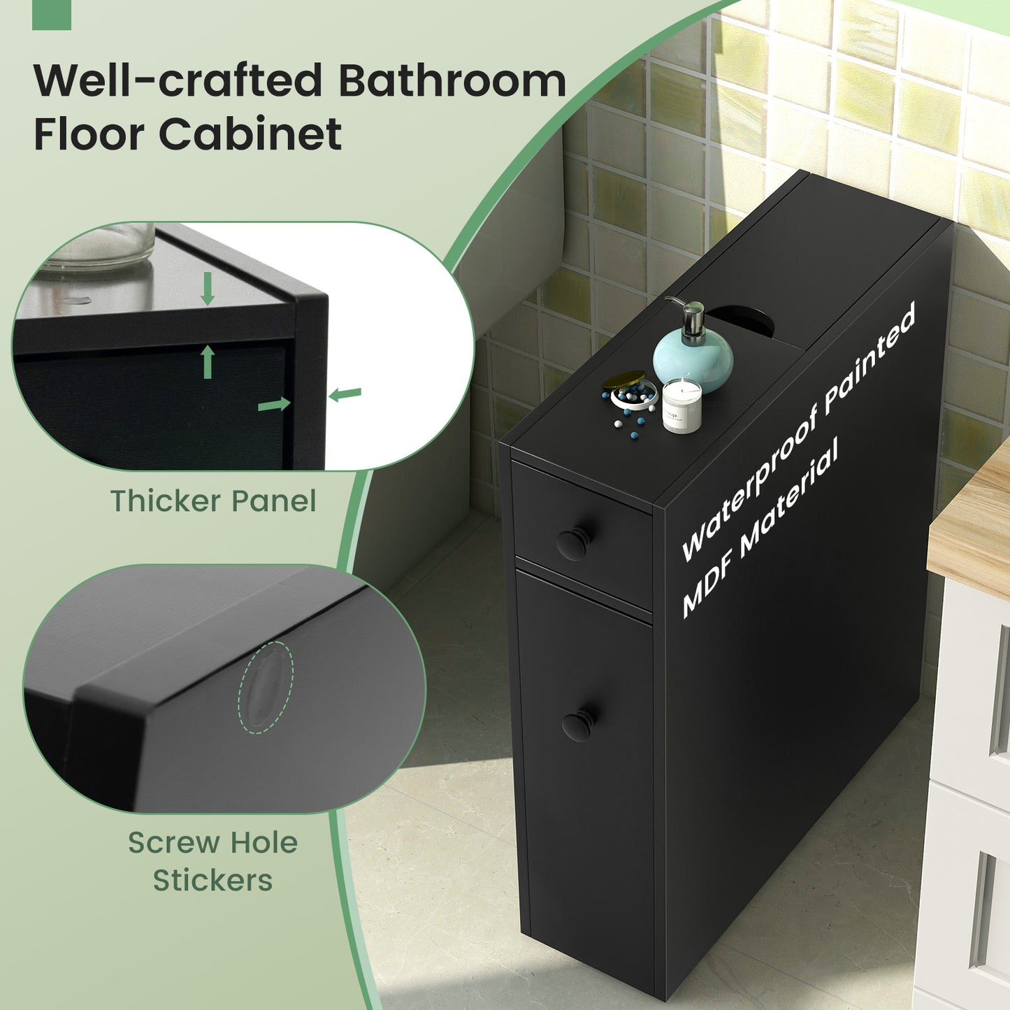 Slim White Bathroom Storage Cabinet with Slide Out Drawers