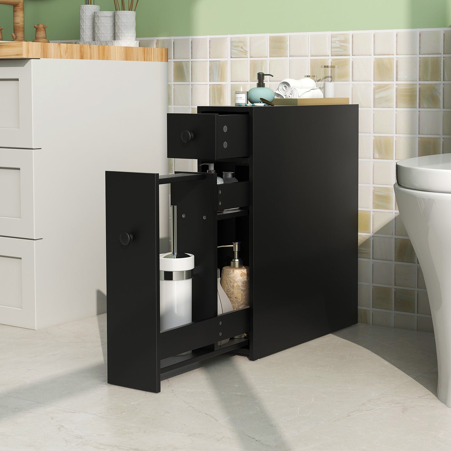 Slim White Bathroom Storage Cabinet with Slide Out Drawers