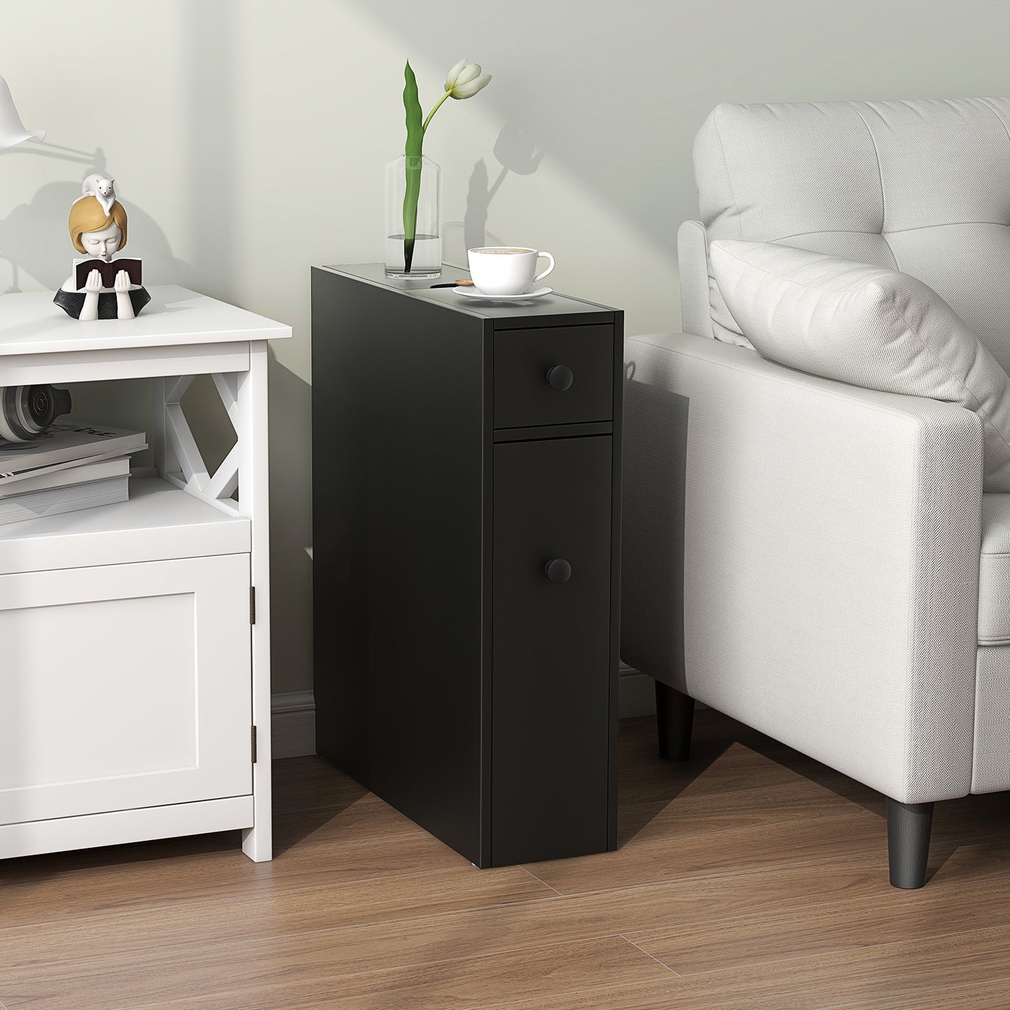 Slim White Bathroom Storage Cabinet with Slide Out Drawers