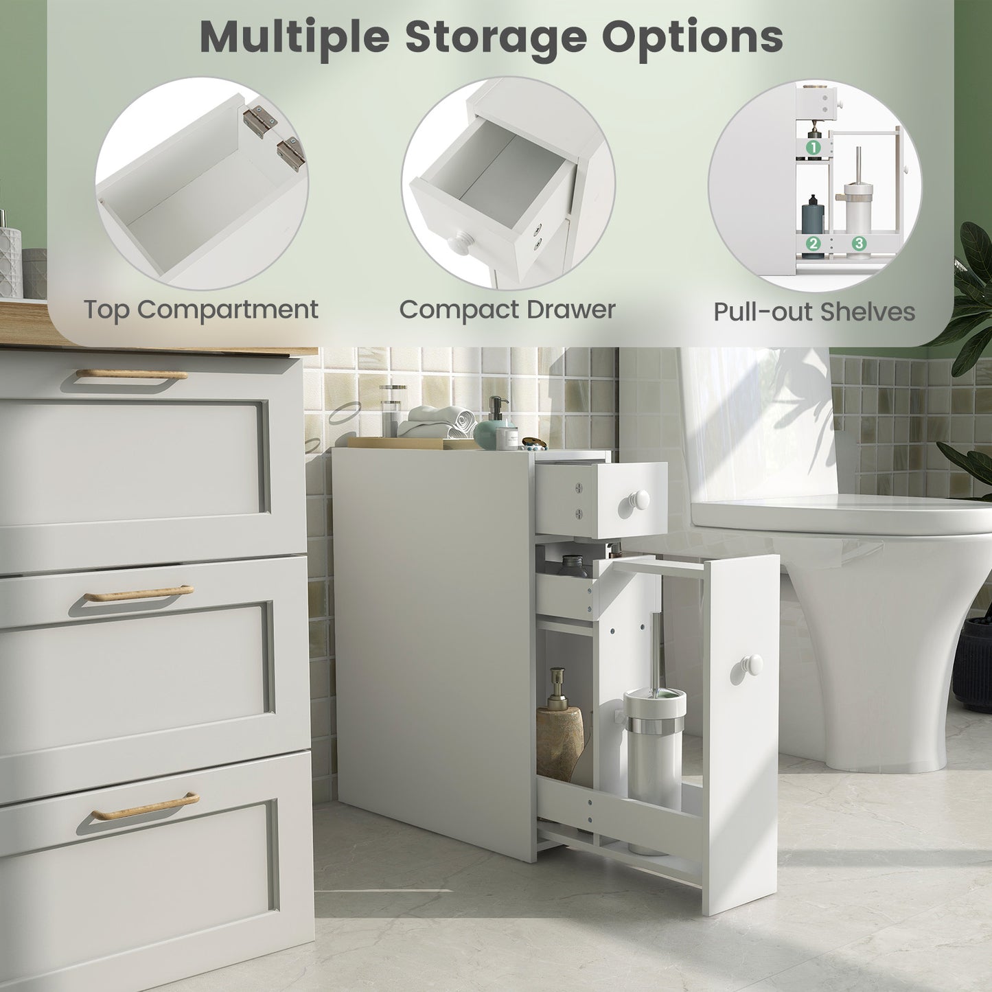 Slim White Bathroom Storage Cabinet with Slide Out Drawers
