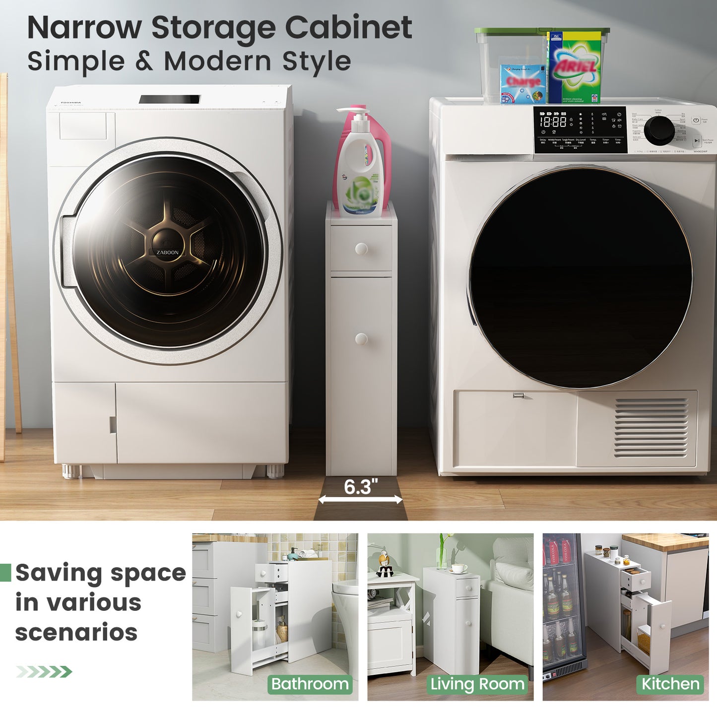 Slim White Bathroom Storage Cabinet with Slide Out Drawers