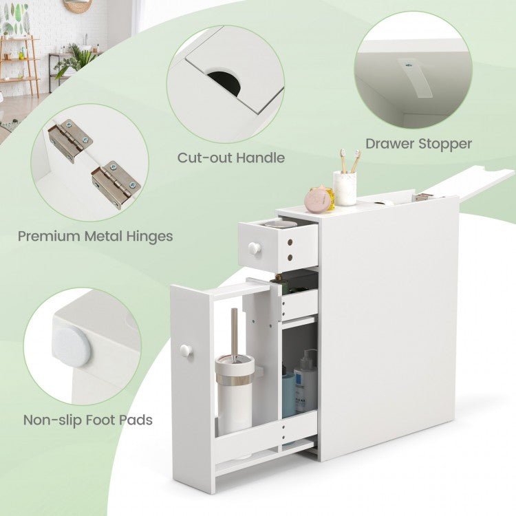 Slim White Bathroom Storage Cabinet with Slide Out Drawers